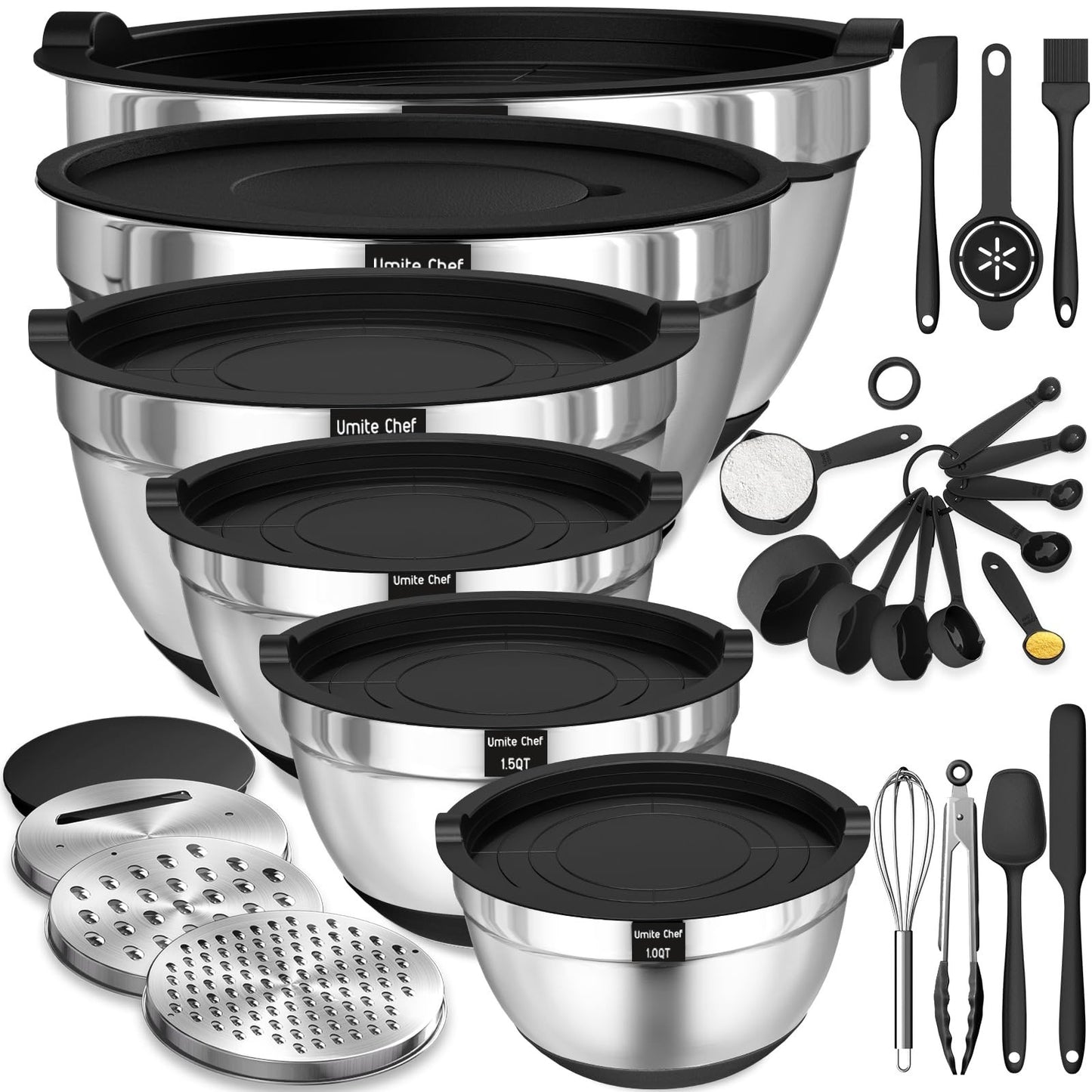 Heavy Duty 26pcs Stainless Steel Mixing Bowl Set with Lids & Grater, Non Slip, 71