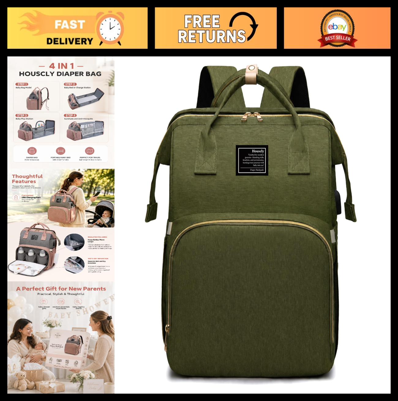 Large Capacity Diaper Bag Backpack with Changing Station, 25L, Waterproof & Styl0
