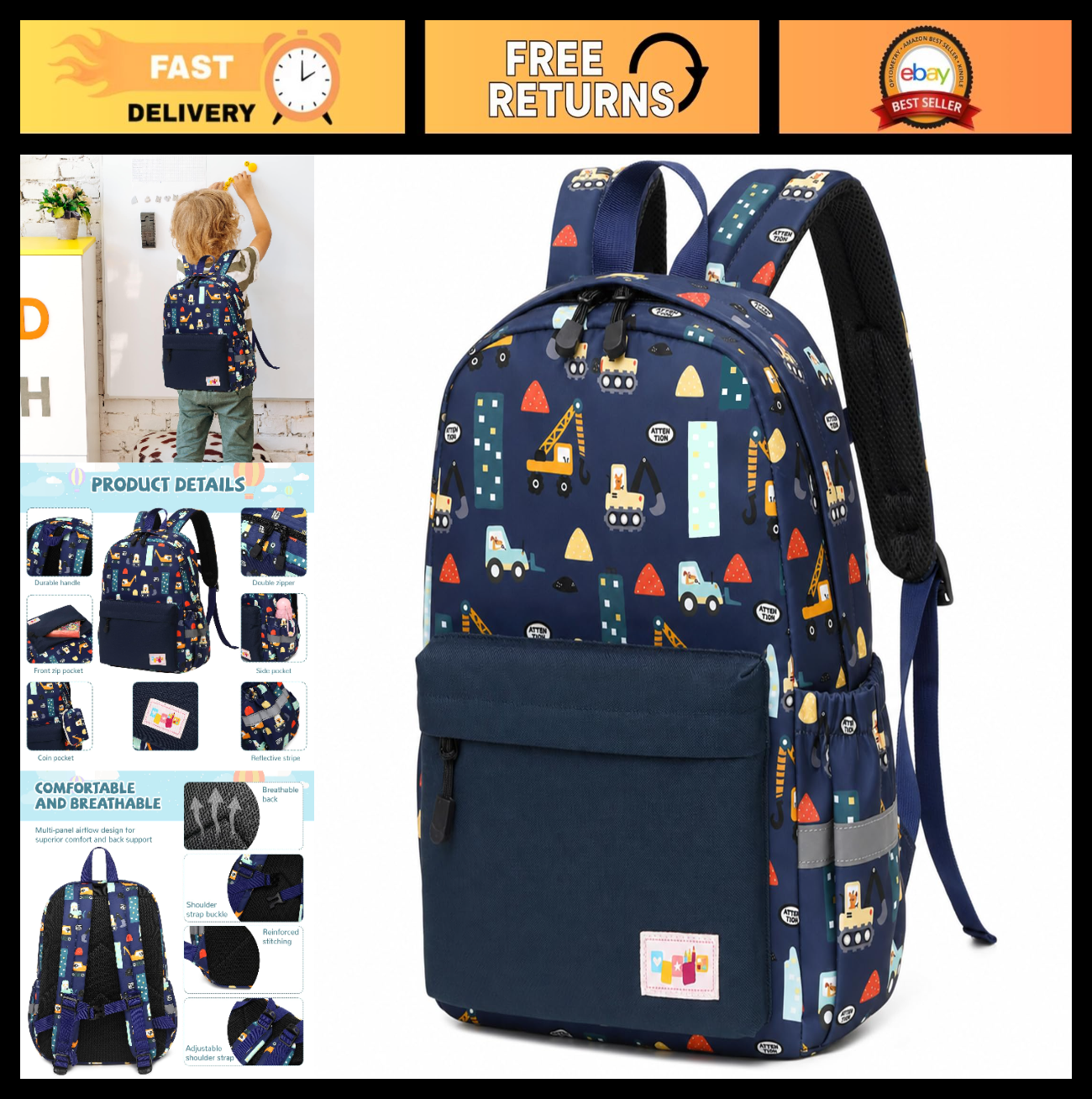Kids Toddler Backpack with Chest Strap   Durable, Lightweight, Cute Design for B0