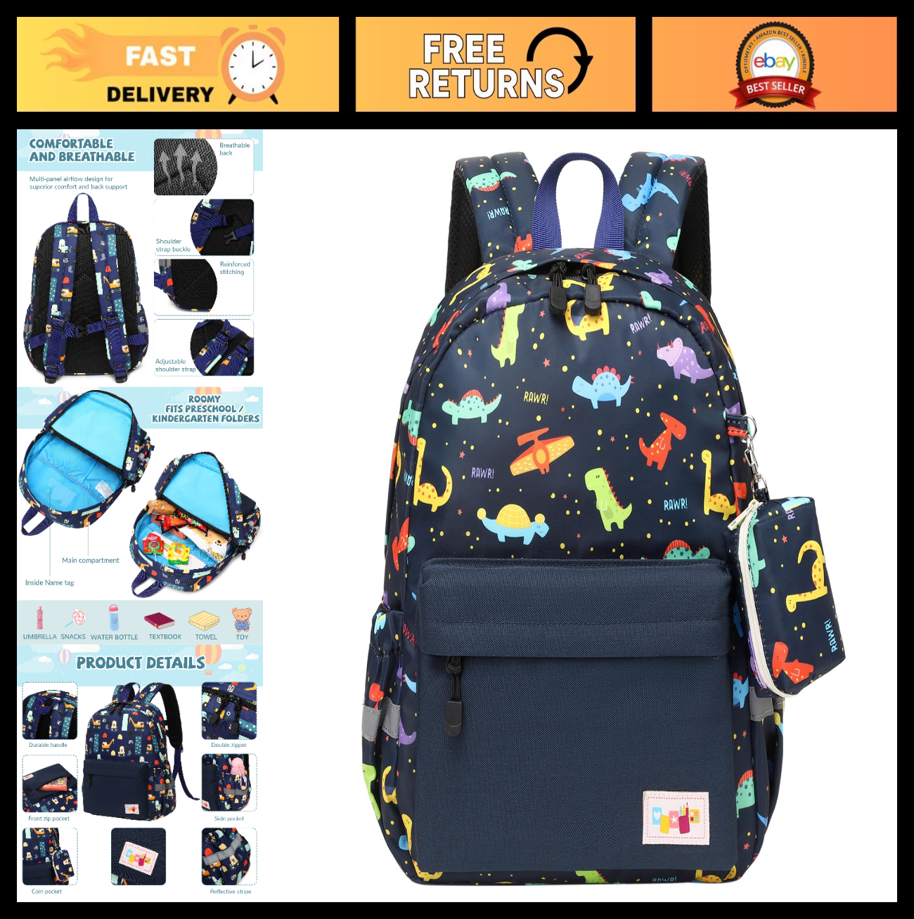 Kids Toddler Backpack with Chest Strap   Durable, Lightweight, Fun Design for Bo0