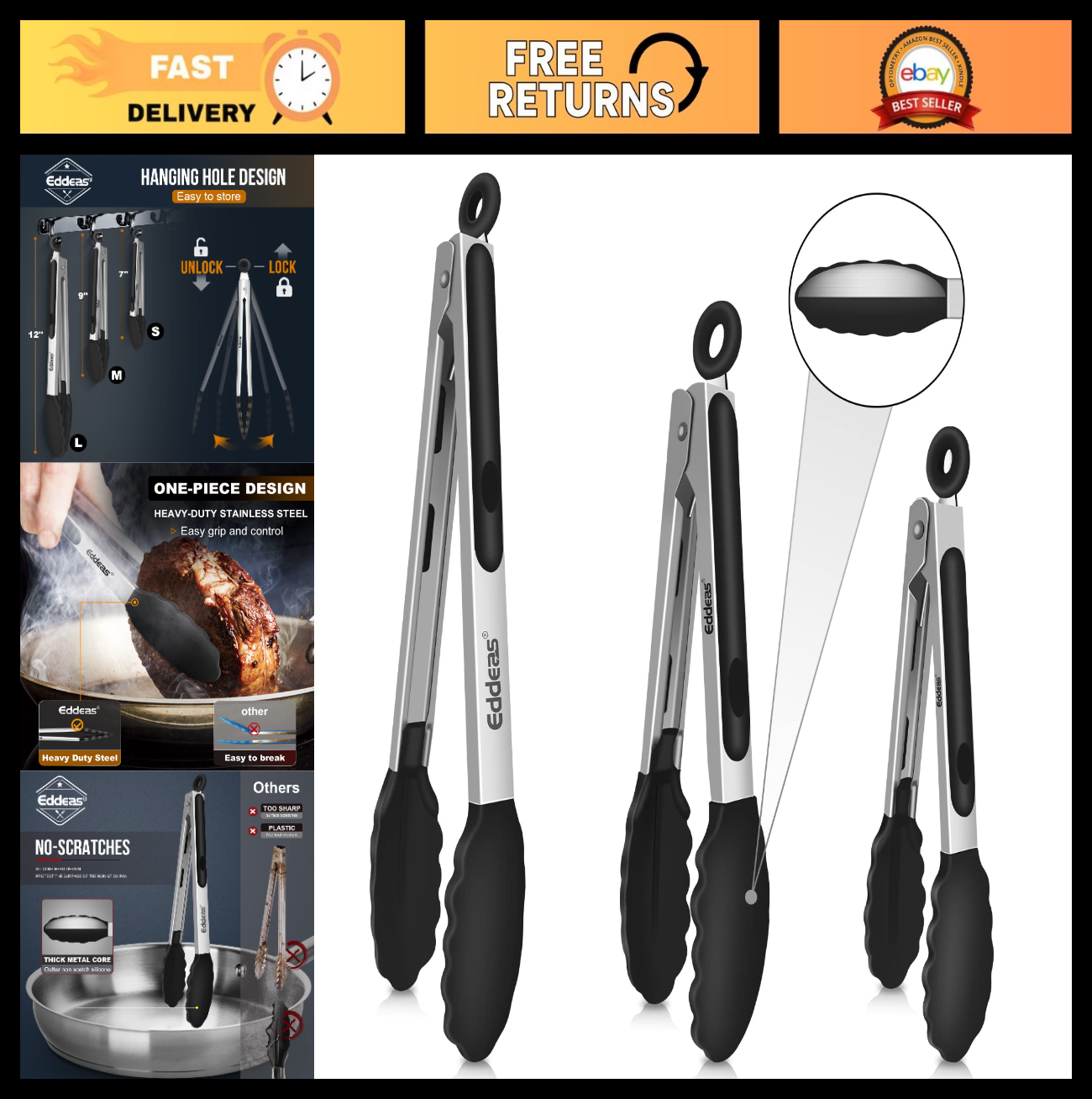 Heat Resistant Silicone Tongs Set 3PCs   600°F Heavy Duty Stainless Steel, Non S0