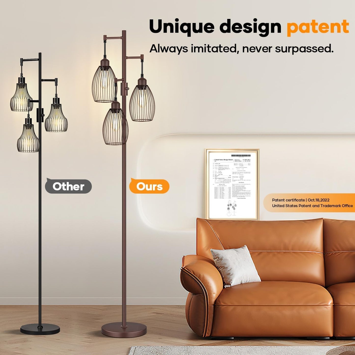 Dimmable Floor Lamp with 3 LED Bulbs, Industrial Tree Design for Living Room, Be5