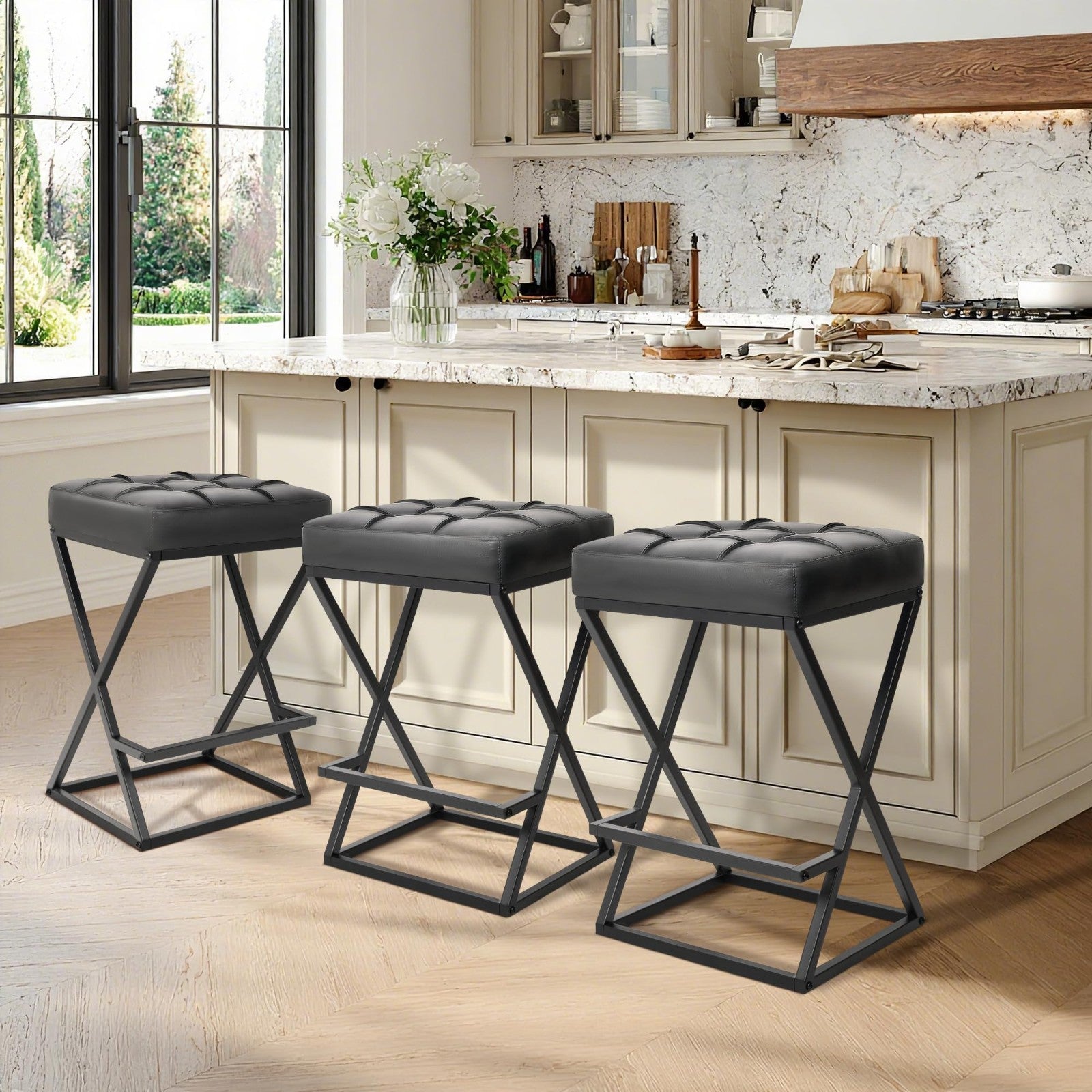 Set of 2 Backless 26" Counter Height Bar Stools, Faux Leather, Modern X-Frame Me8