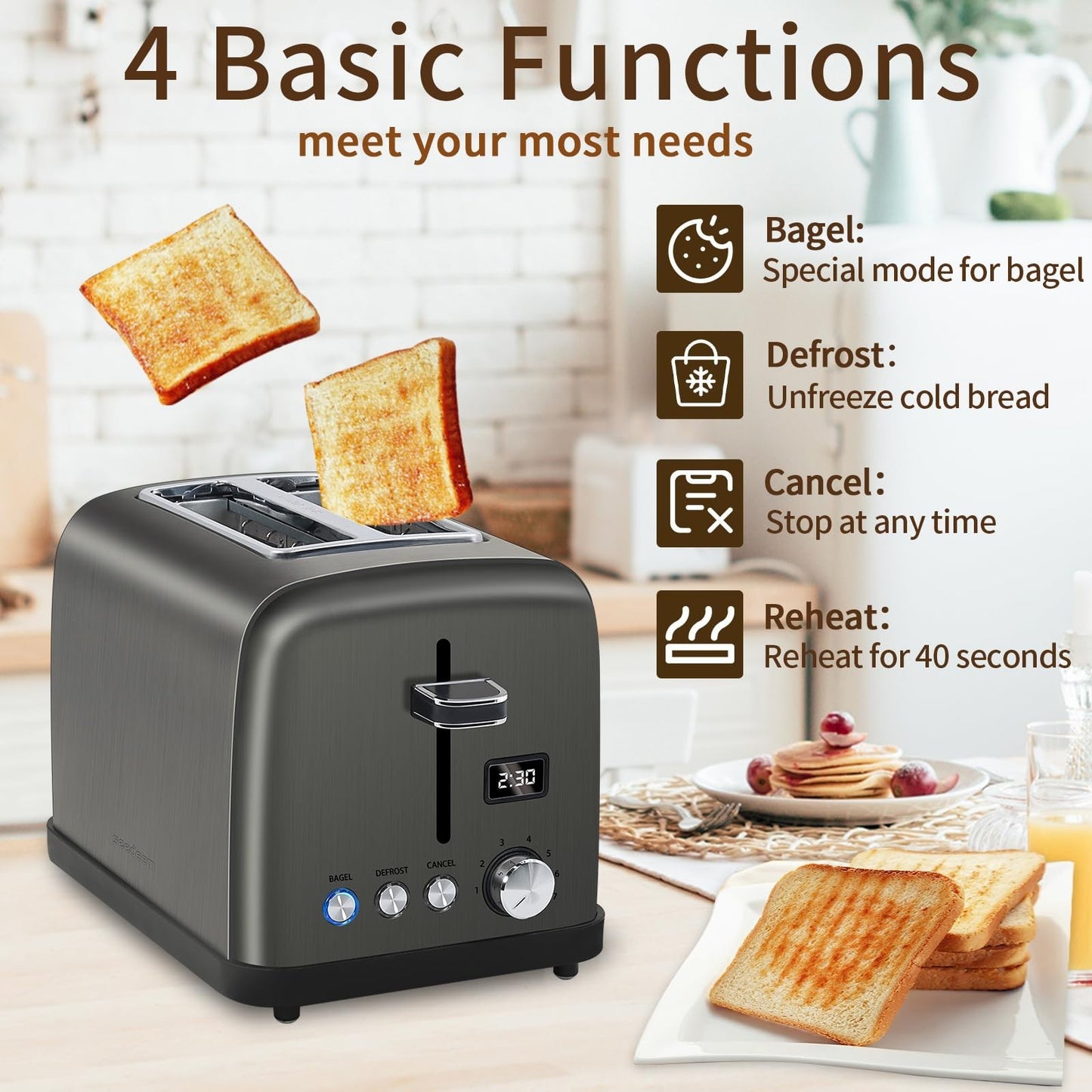2 Slice Digital Toaster with LCD Display, 7 Shade Settings, 1.4'' Slots, Stainle3
