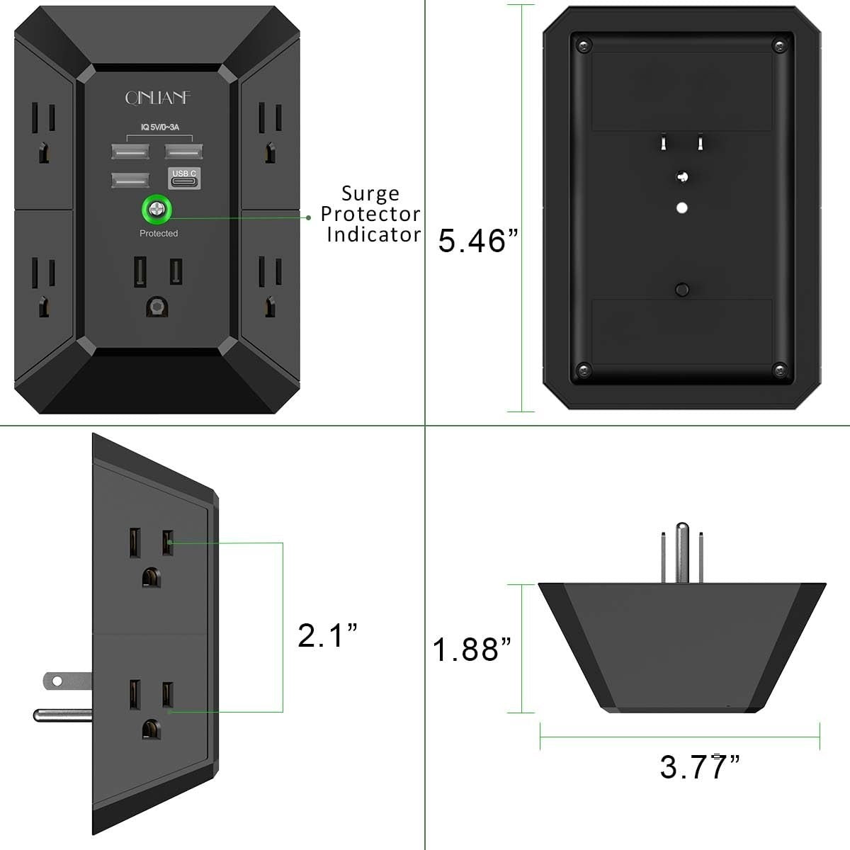 5 Outlet USB Wall Charger Surge Protector Power Strip 4.8A 3 Sided Multi Plug Ad6