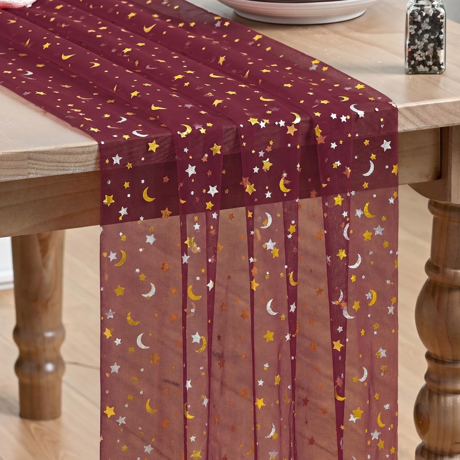 Burgundy Star Moon Table Runner 10FT - Glitter Foil Sheer Dining Decor for Parti1