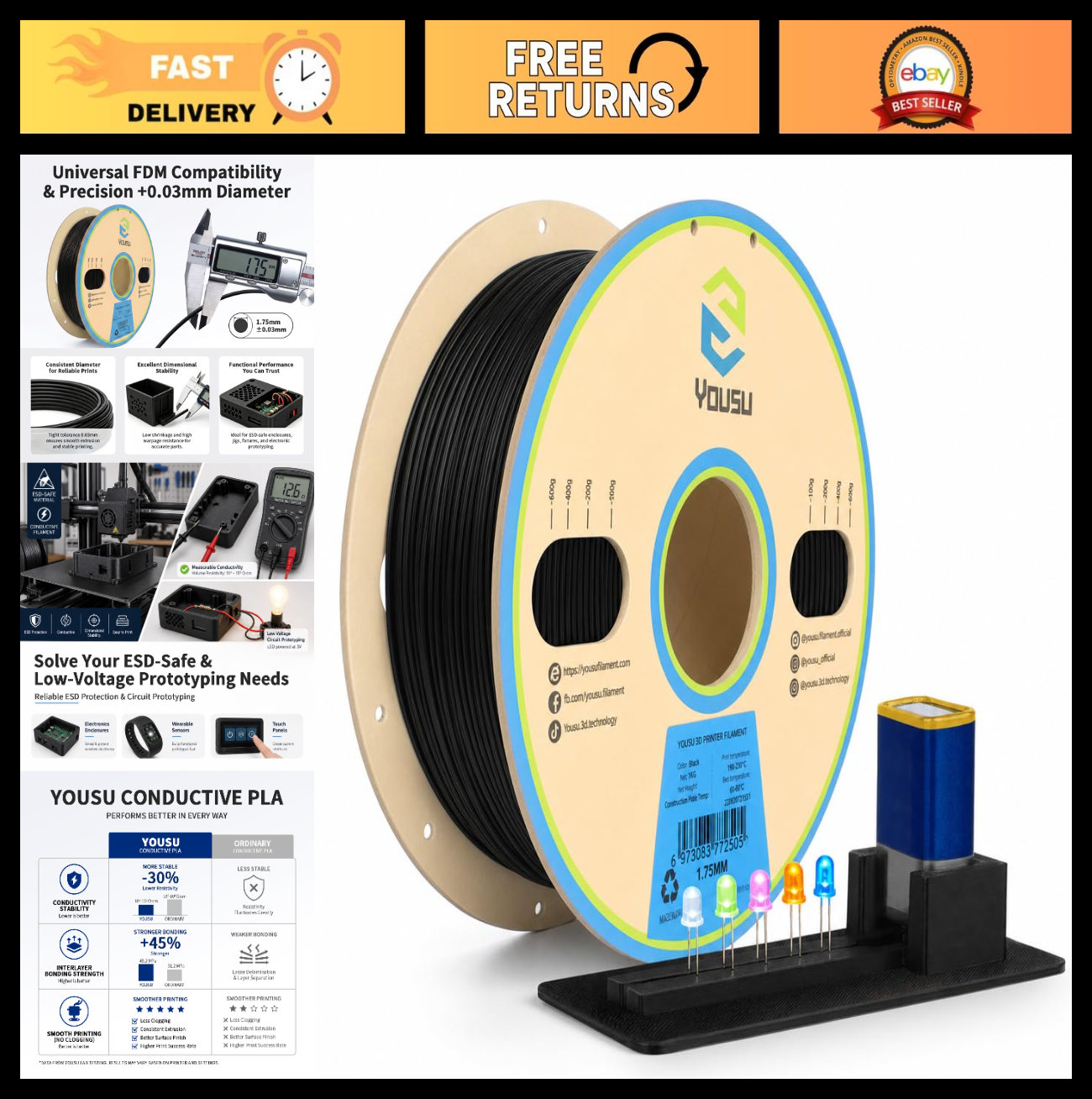 1kg Black Conductive PLA Filament 1.75mm - ESD Safe 3D Printing Wire for Sensors0