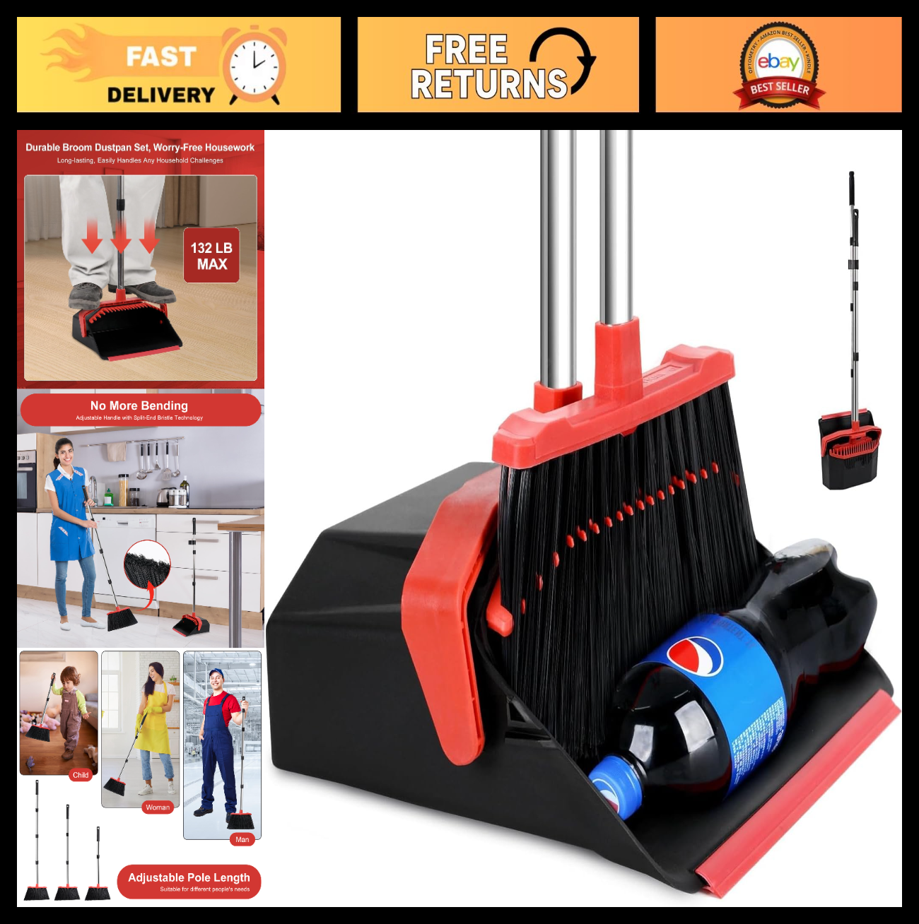 Heavy Duty Large Upright Broom & Dustpan Set, 51" Long Handle for Indoor/Outdoor0