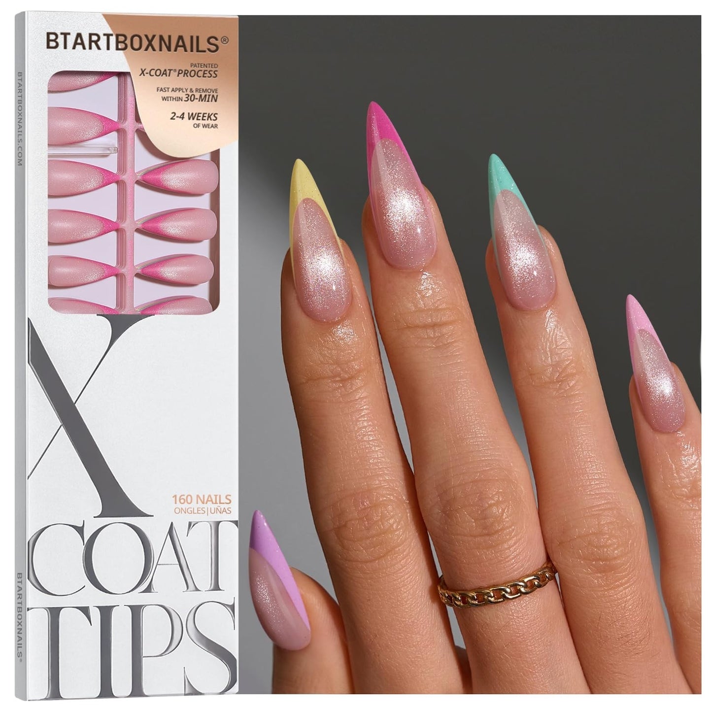 Pastel French Tip Press On Nails - Stiletto Cat Eye Design, Size L, Easy Apply1