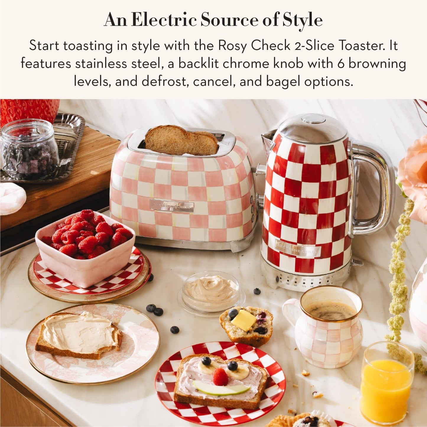 Decorative 2-Slice Toaster for Kitchen, Pink-and-White Rosy Check Design4