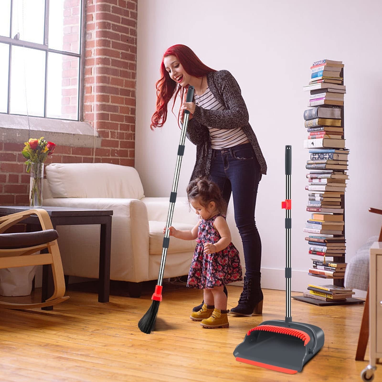 Large Broom and Dustpan Set, Long Handle Combo for Indoor/Outdoor Use, Black & R6