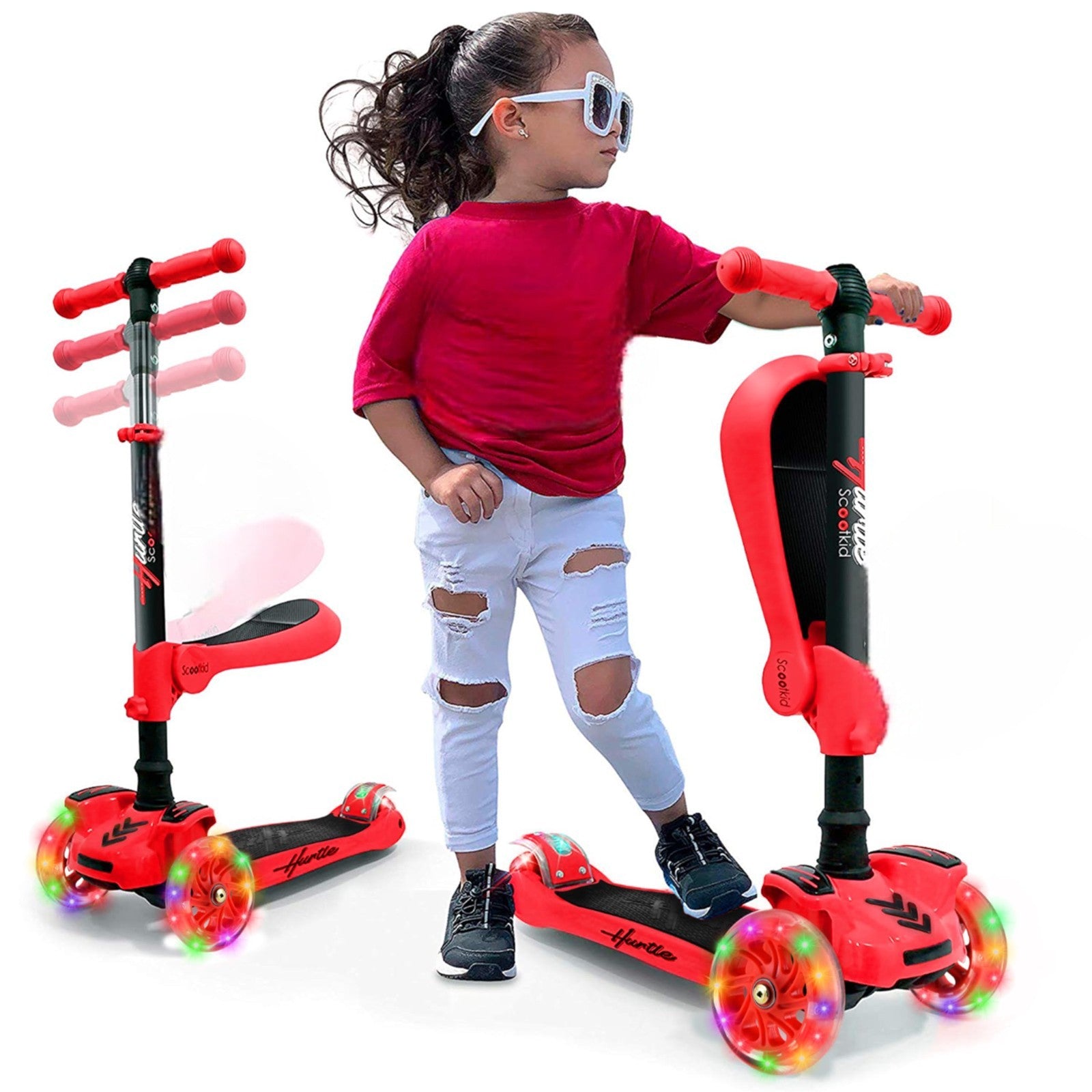 3-Wheeled Kids Scooter with LED Lights, Adjustable Handlebar, Foldable Seat - Si1