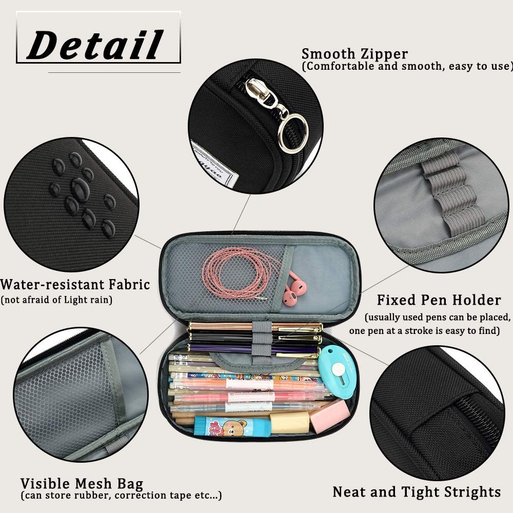Multi Slot Pencil Case, Portable Pouch for School & Office, Black Pen Bag2