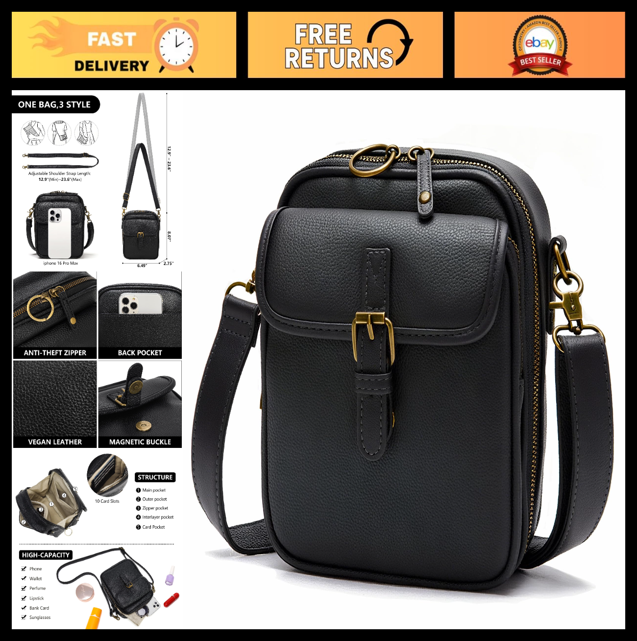 Vegan Leather Crossbody Bags for Women - Vintage Anti-Theft Messenger Purse with0