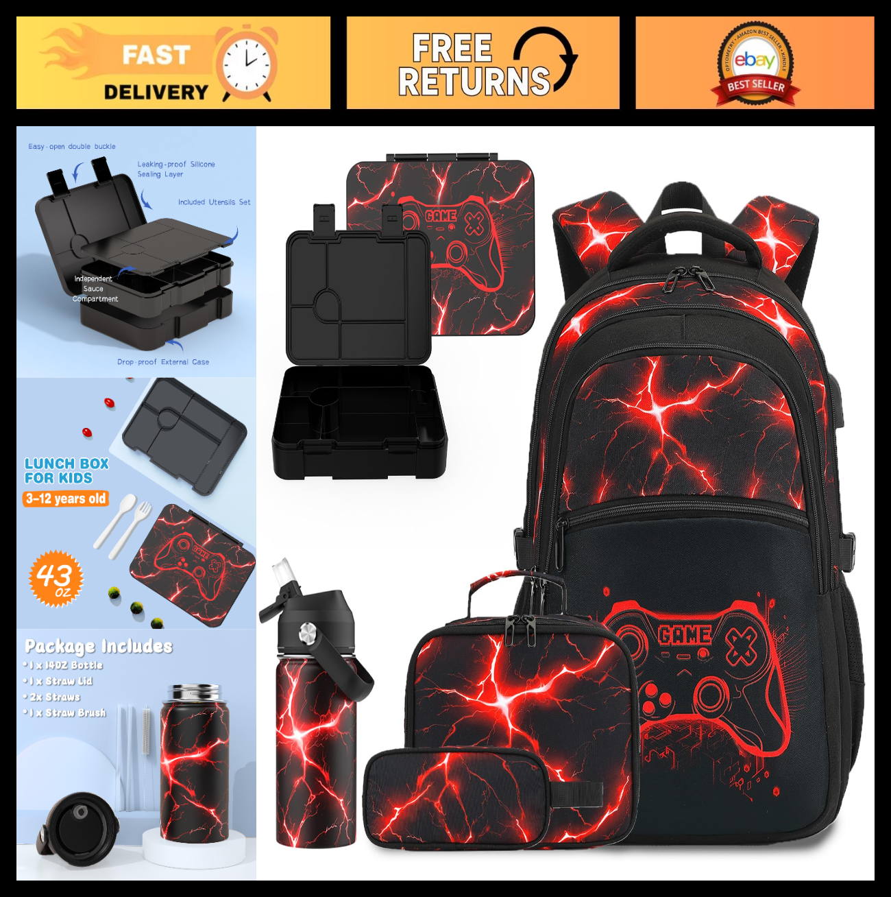 Cool Luminous Gamer Backpack for Boys, Insulated Lunch Box, Water Bottle & Penci0
