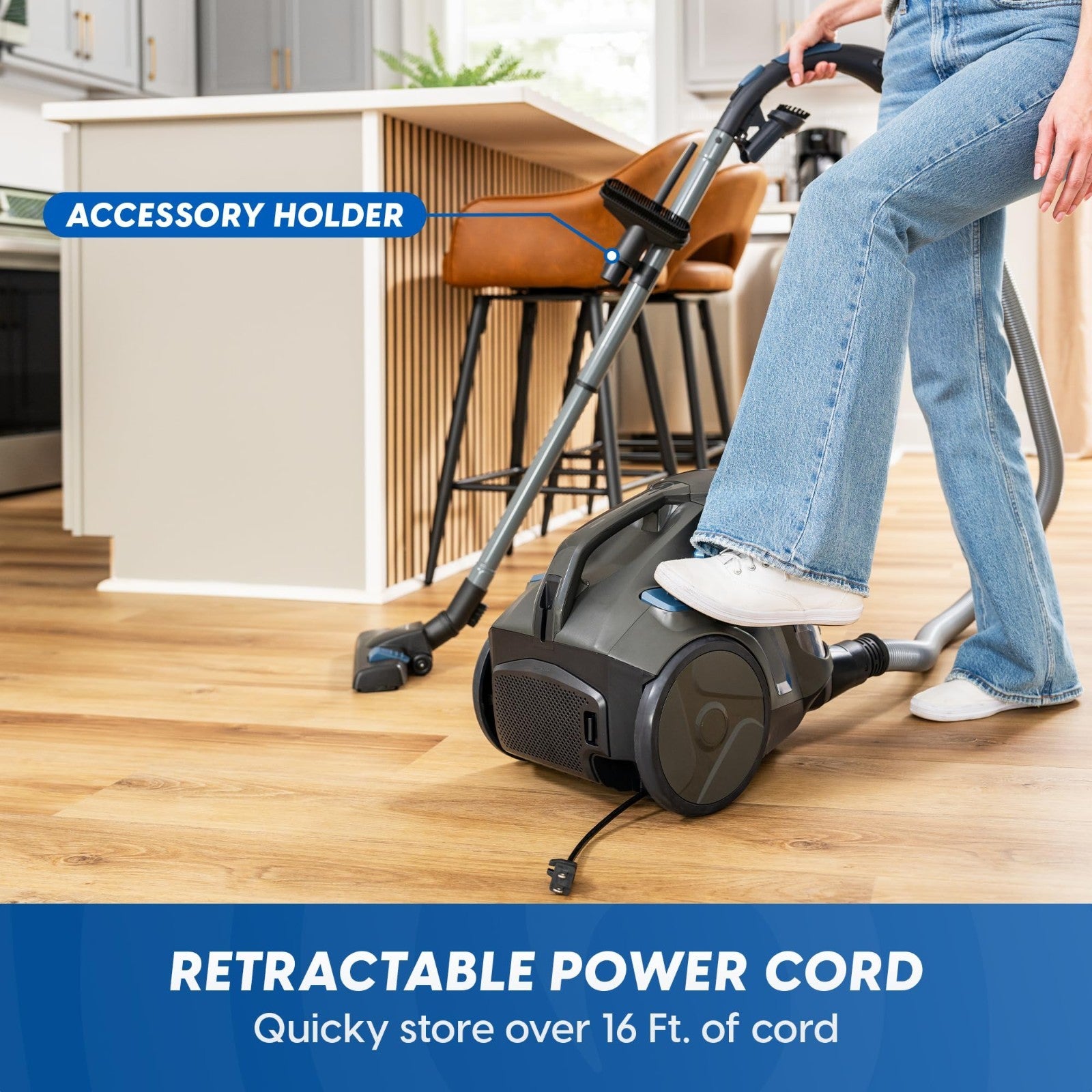 Ultra Silent Bagless Canister Vacuum 60dB, HEPA Filter, Powerful Suction, 16ft C7