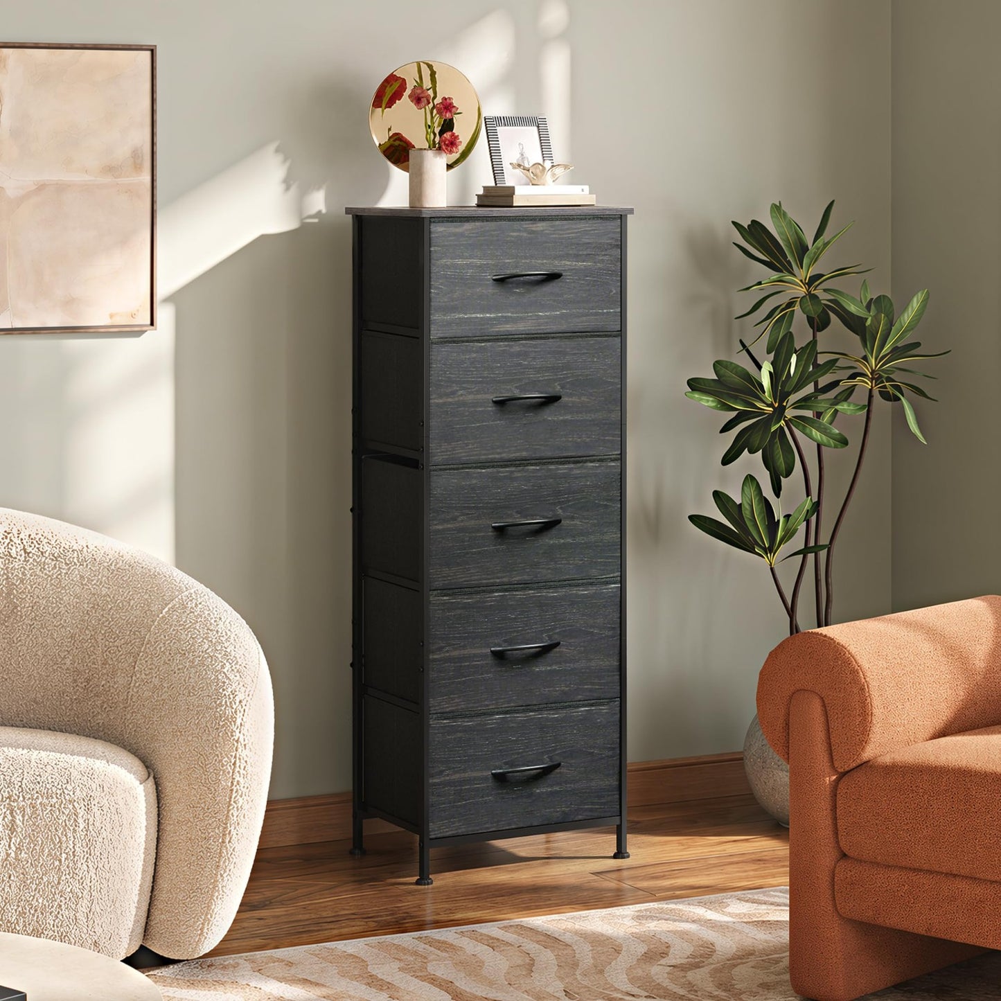 5-Drawer Tall Dresser Chest, Vertical Fabric Drawers, Black Wood Grain, Space-Sa3