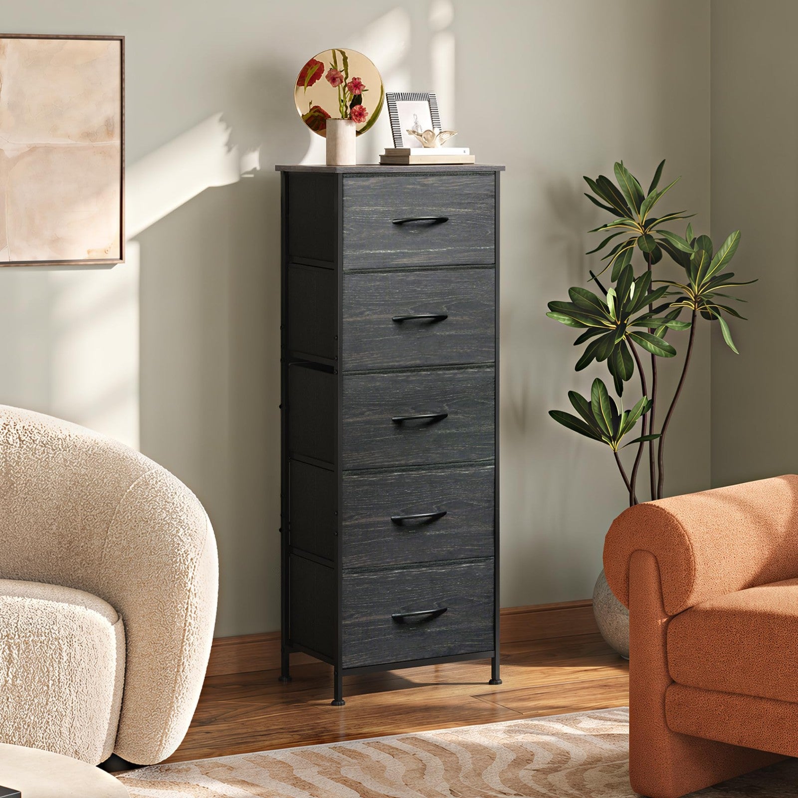 5-Drawer Tall Dresser Chest, Vertical Fabric Drawers, Black Wood Grain, Space-Sa3