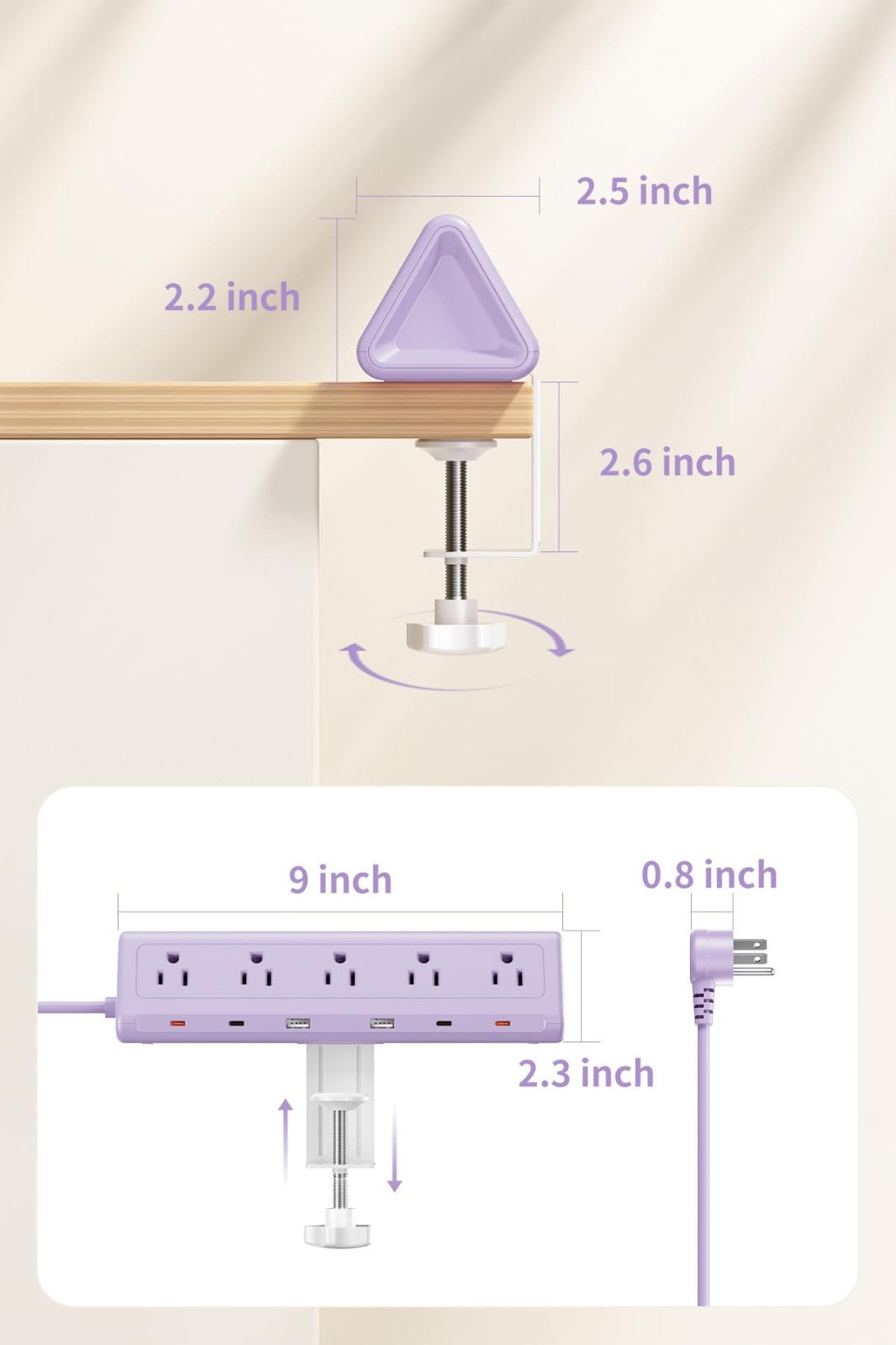 6.5FT Desk Clamp Power Strip   5 AC Outlets, 6 USB Ports, PD 40W Fast Charge8