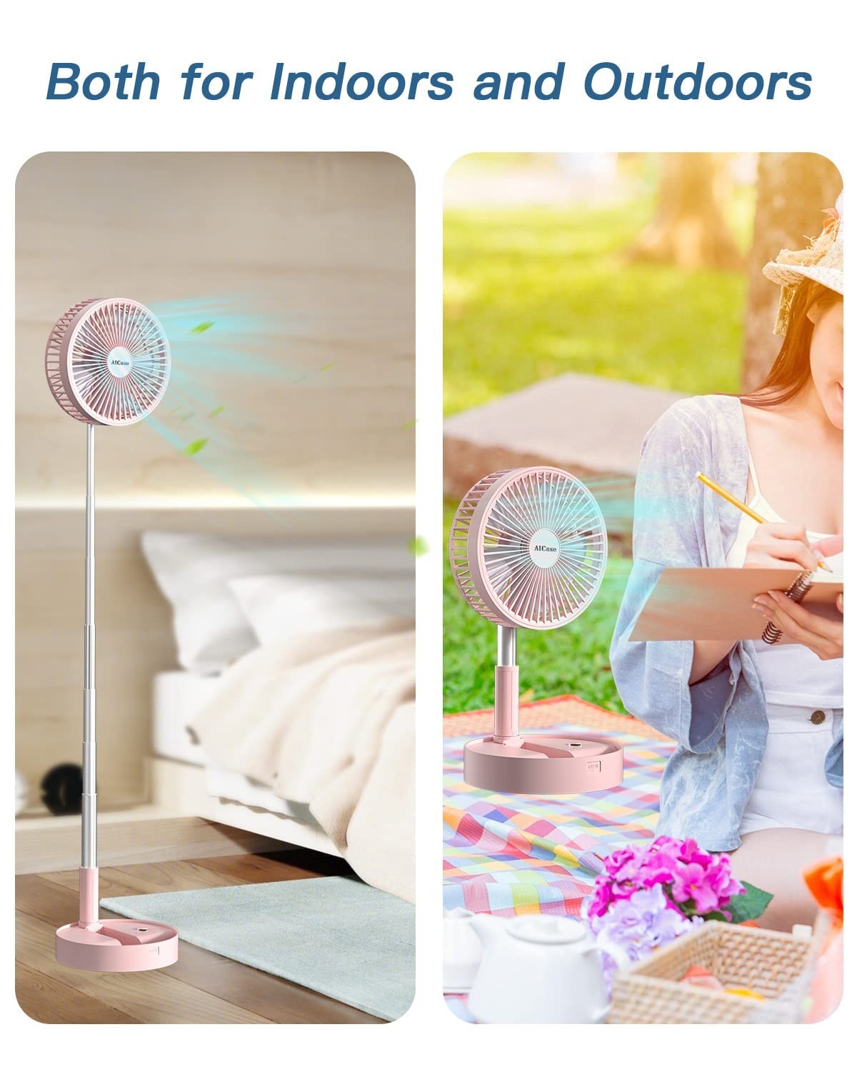 Portable Folding Stand Fan, USB Rechargeable 7200mAh, 4 Speed Adjustable Height,5