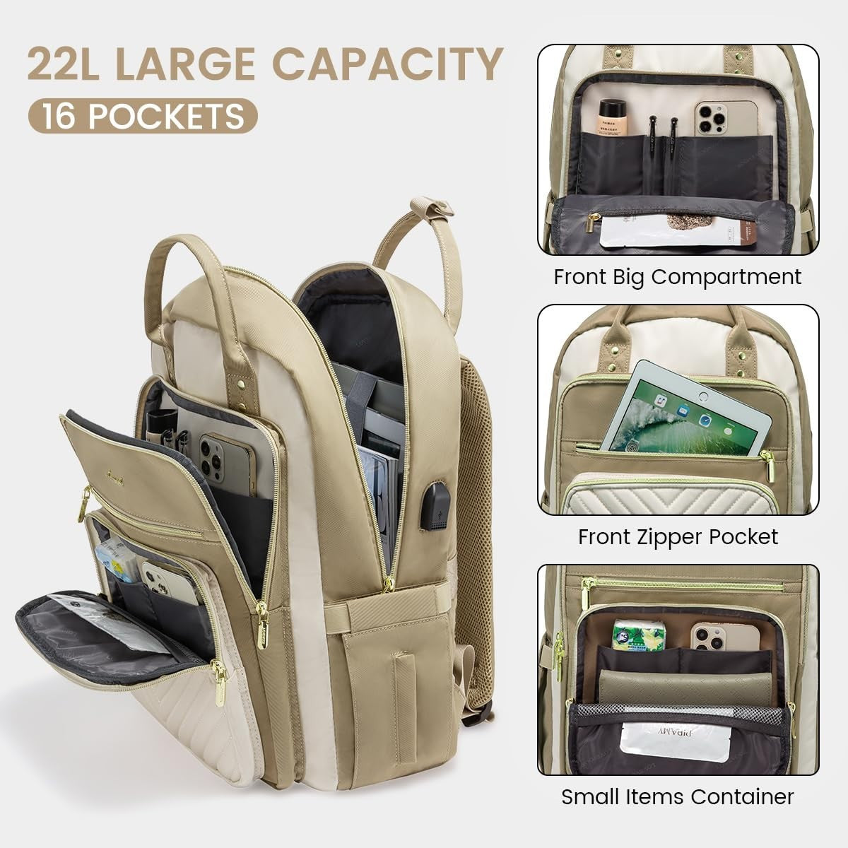 Large Capacity 15.6" Laptop Backpack for Women, Waterproof Travel Day Pack, Khak4