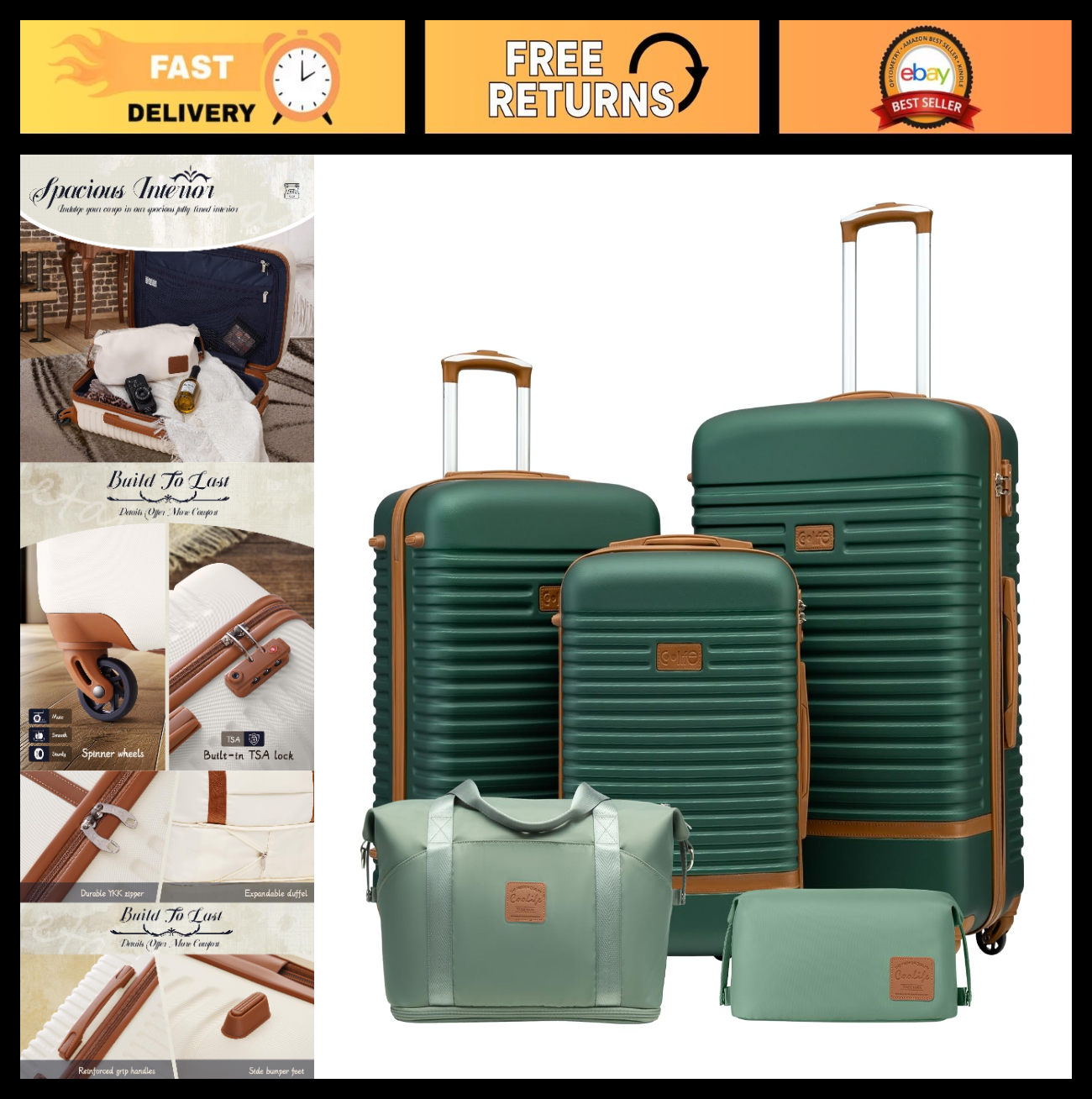 5-Piece Dark Green Luggage Set - Carry-On Suitcase with 360° Spinner Wheels, Tro0