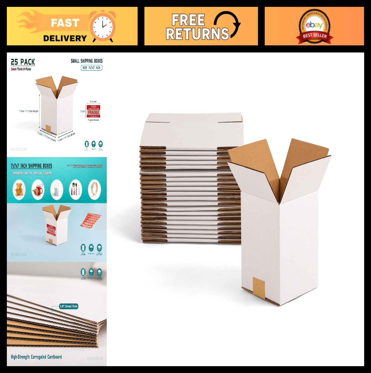 25 Pack Small 7x7x7 Inch White Shipping Boxes | Corrugated Cardboard for Crafts,0