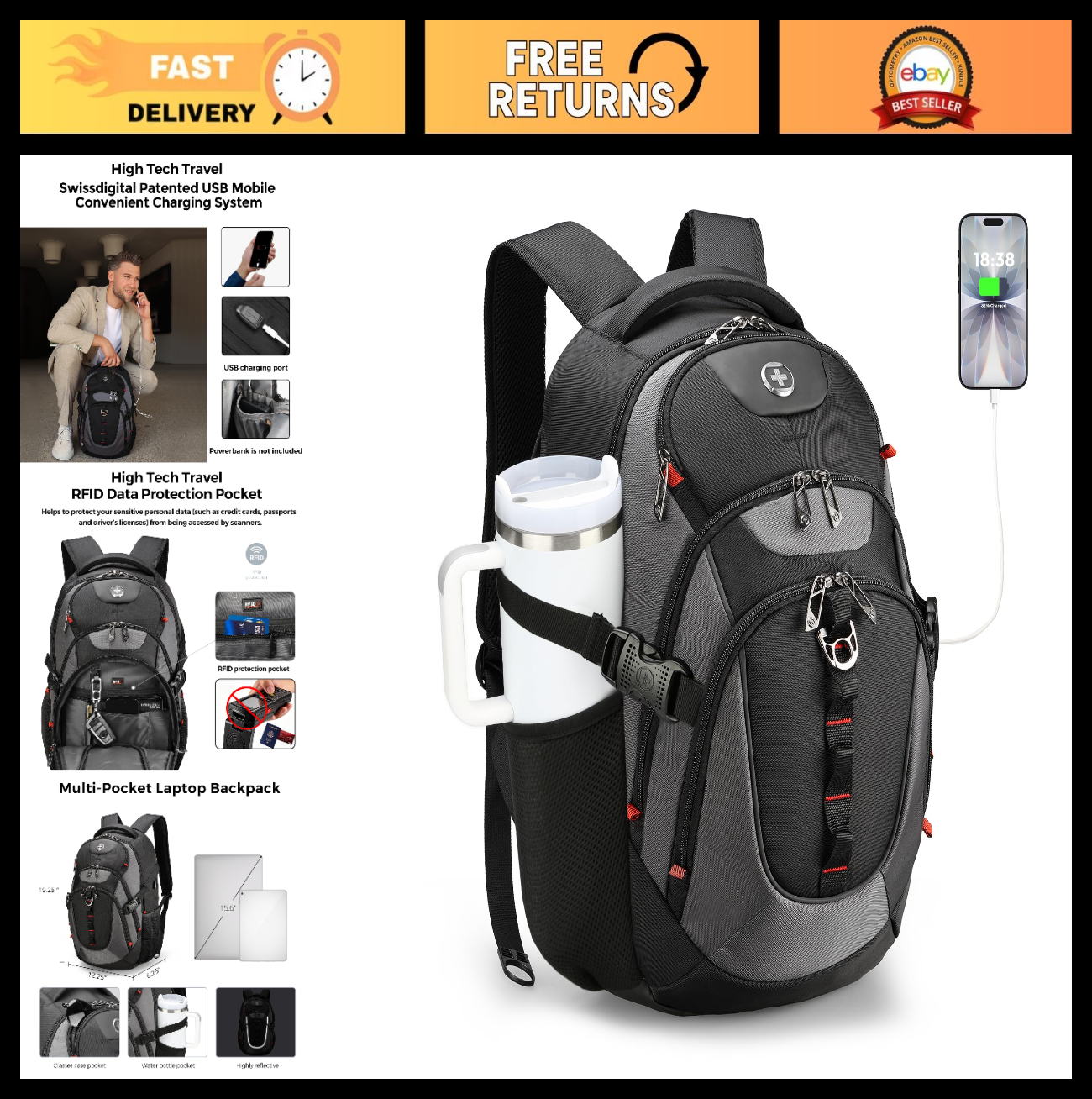 Stylish Laptop Backpack with USB Charging Port, Fits 15.6" Computer, 31L Travel0