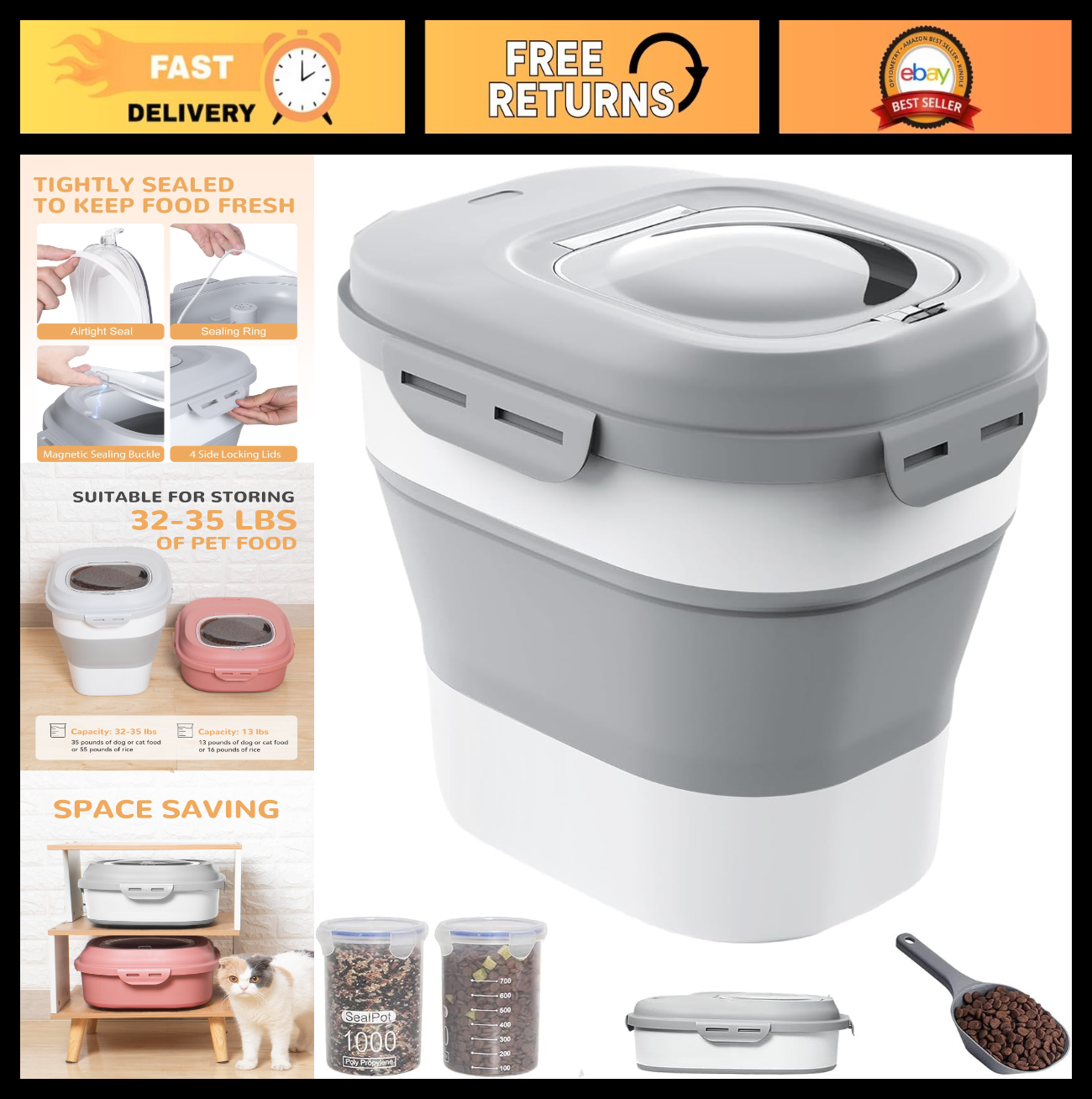 Collapsible Dog Food Storage Container - 30-35 Lbs Capacity, Airtight & Durable0