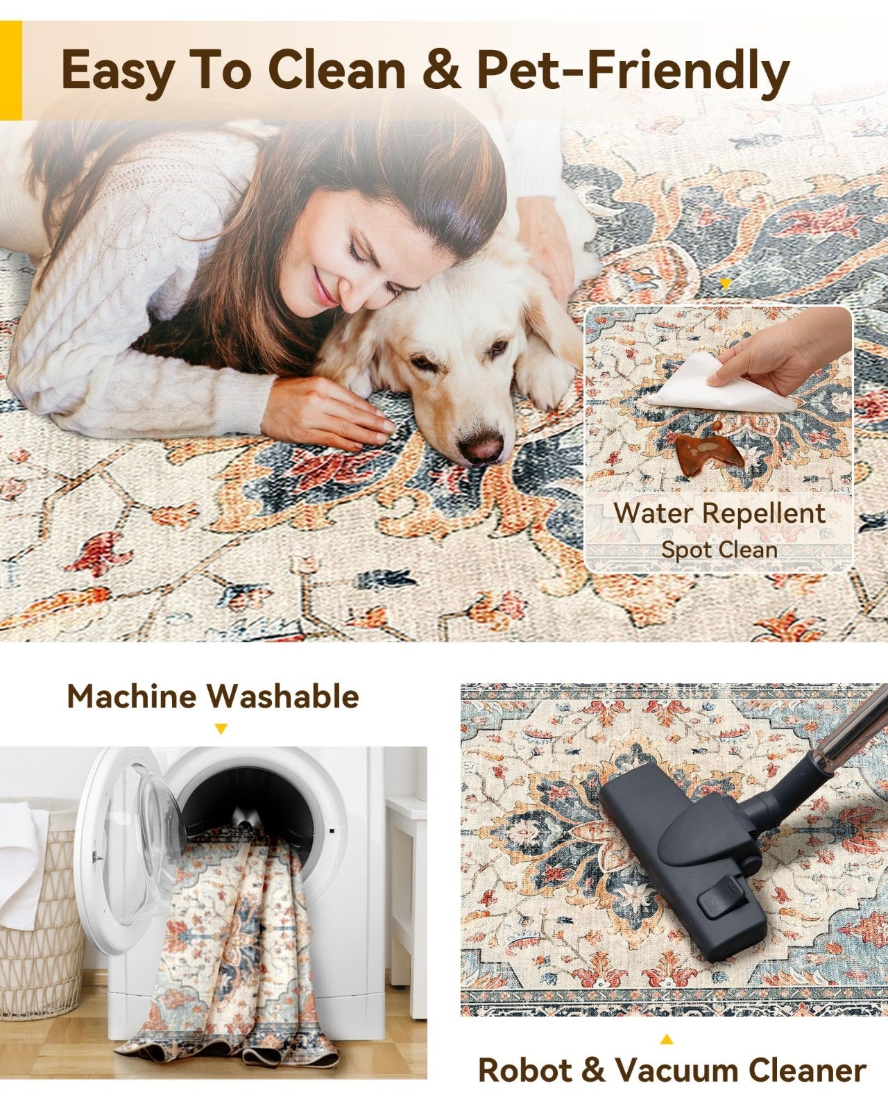 Washable 8'x10' Area Rug   Non Slip, Water Repellent, Pet Friendly, Vintage Flor5