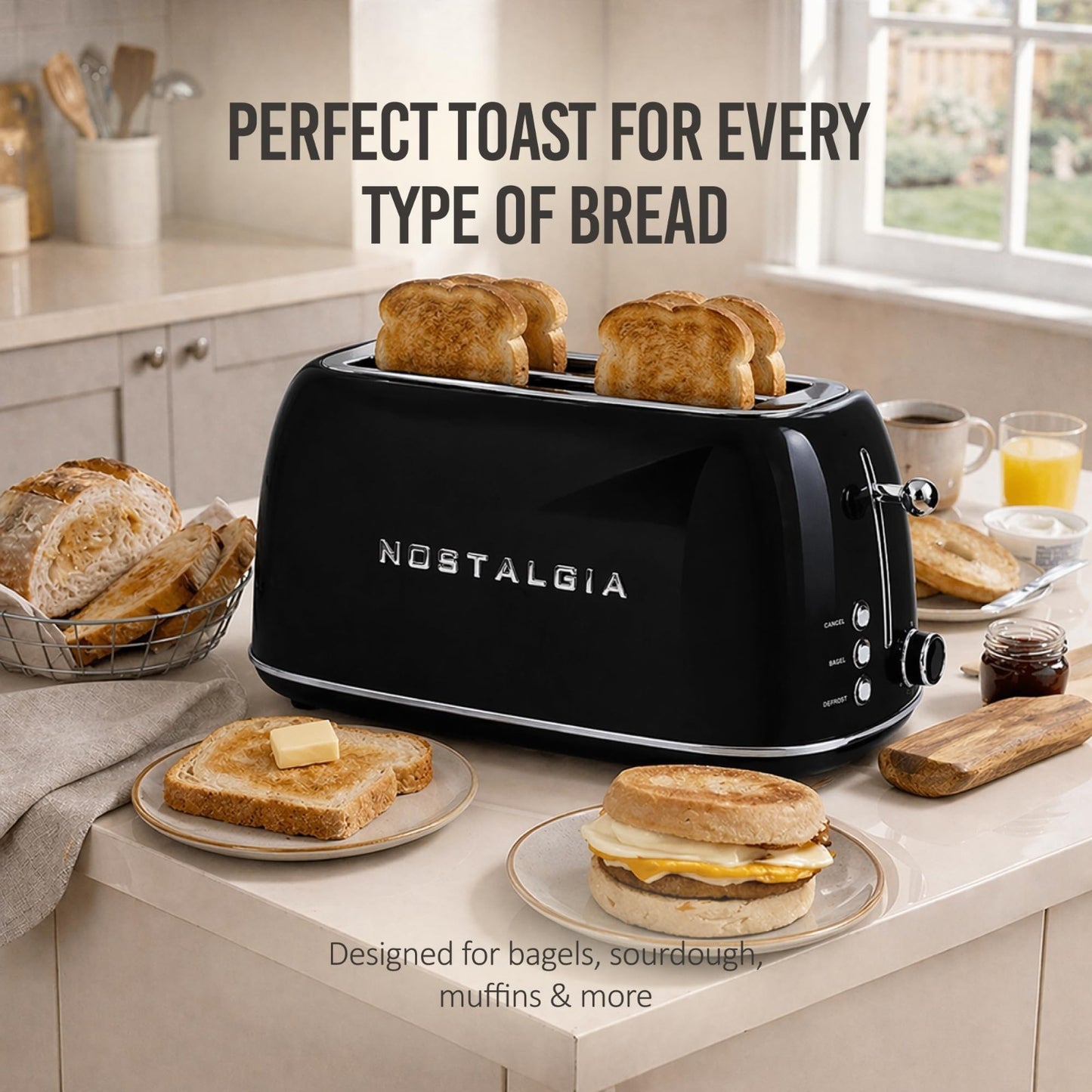 Classic Retro 4 Slice Toaster   Vintage Enamel Steel, Wide Slots, 6 Levels, Defr3
