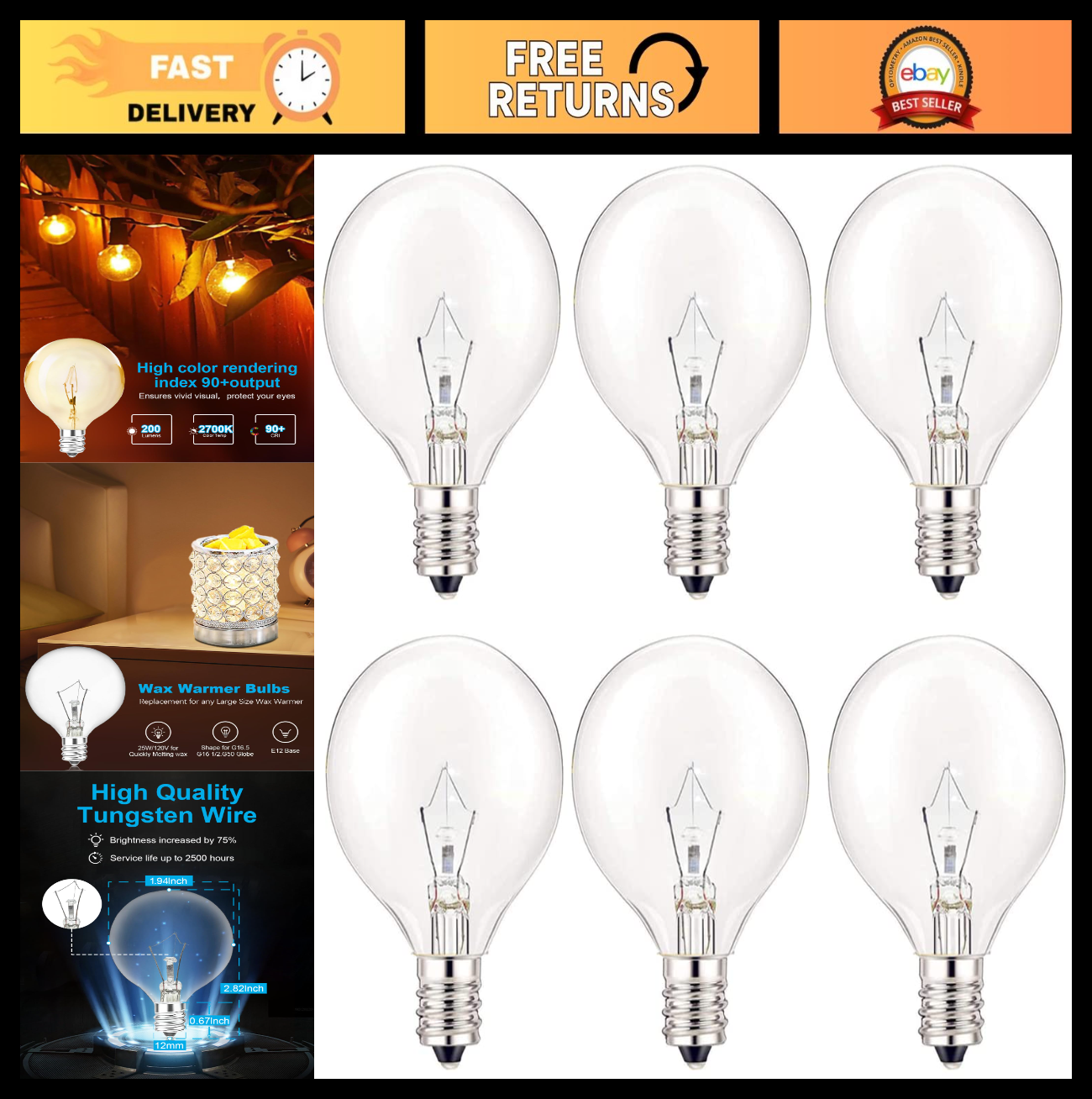 20W Candle Warmer Light Bulbs, E12 Base, Dimmable Warm White, 6PCS for Wax Melte0