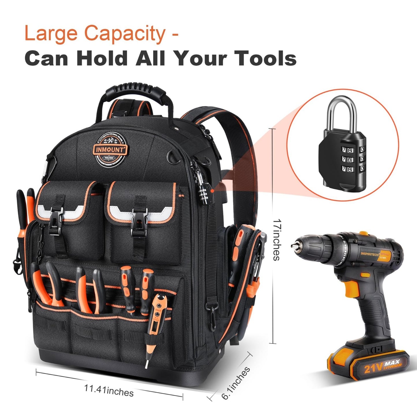 Heavy Duty Tool Backpack 18.5"   56 Pockets, Molded Bottom, Durable Storage Bag5