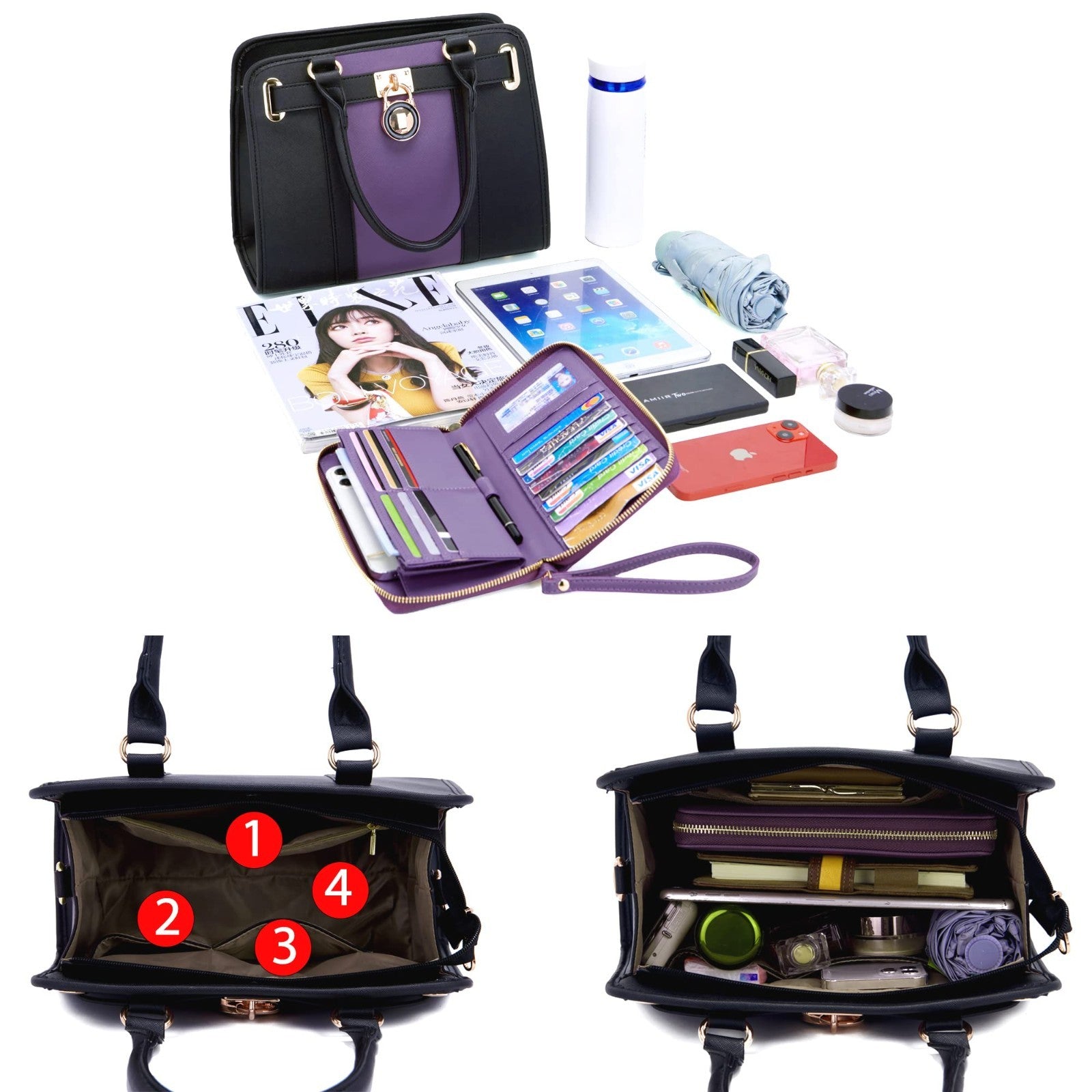 Stylish Women's Structured Satchel Tote Handbag Set with RFID Wallet - Fashion P6