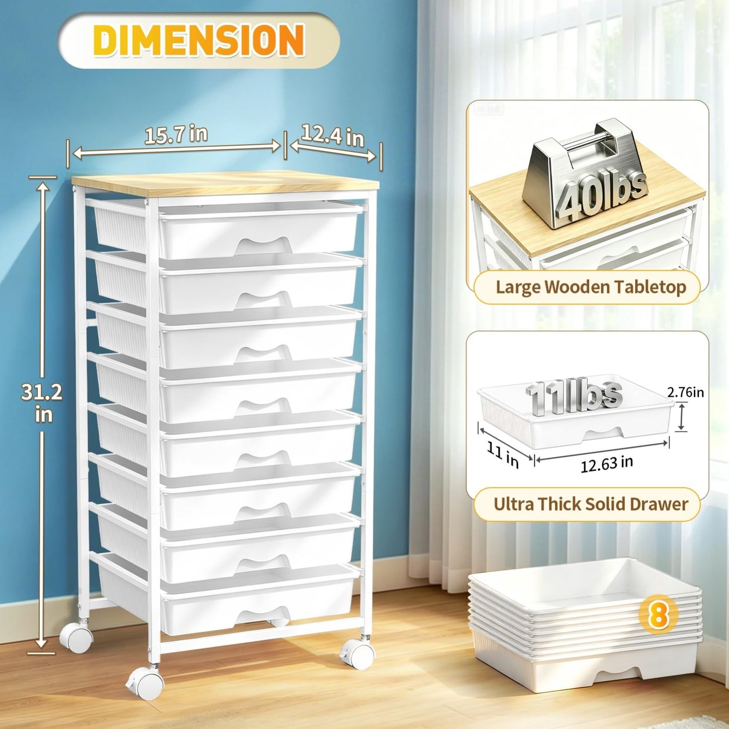 8 Drawer Rolling Cart with Wooden Top & Lockable Wheels   Craft & Office Storage2