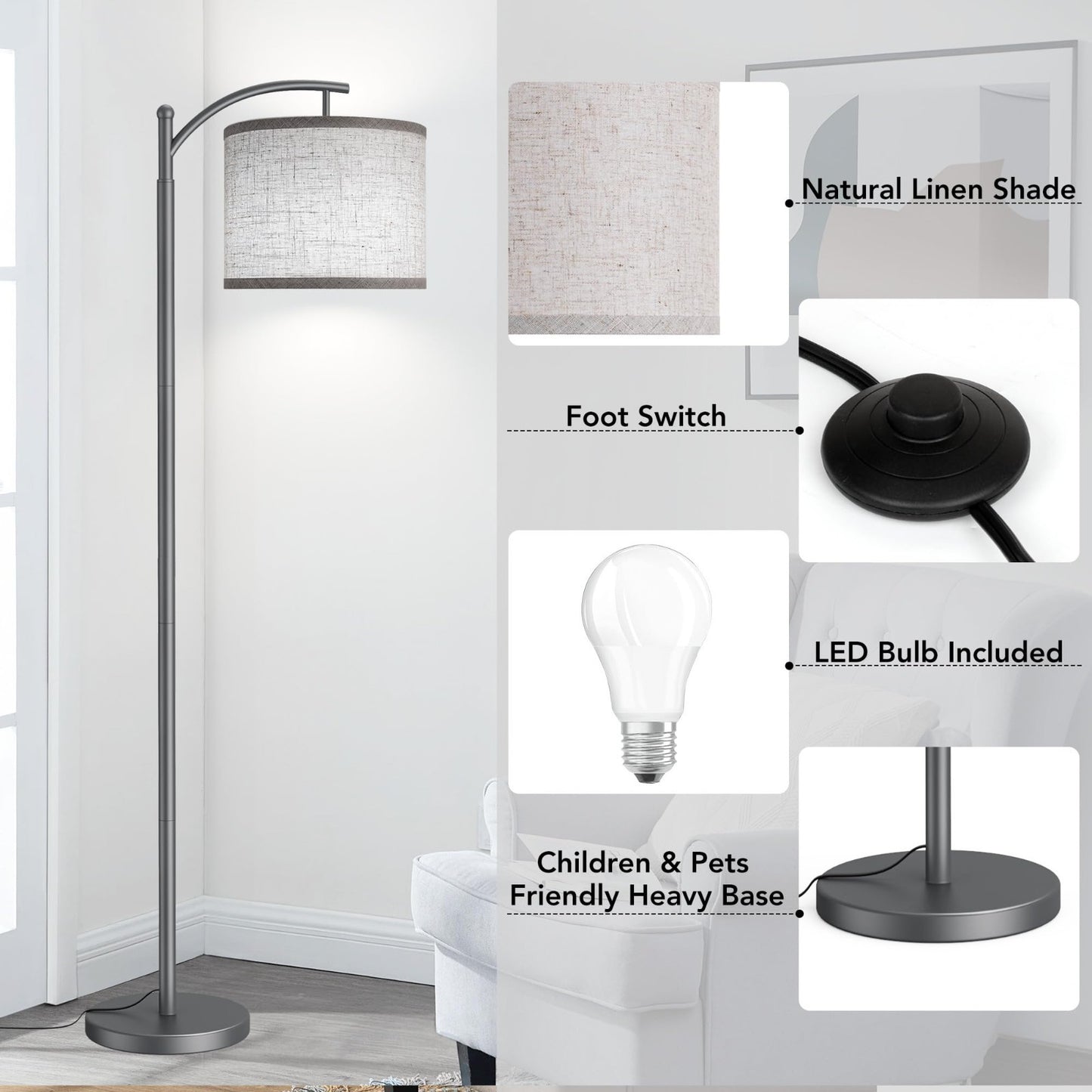 Industrial Floor Lamp with 3 Color Temperatures, Tall Standing LED Reading Light3