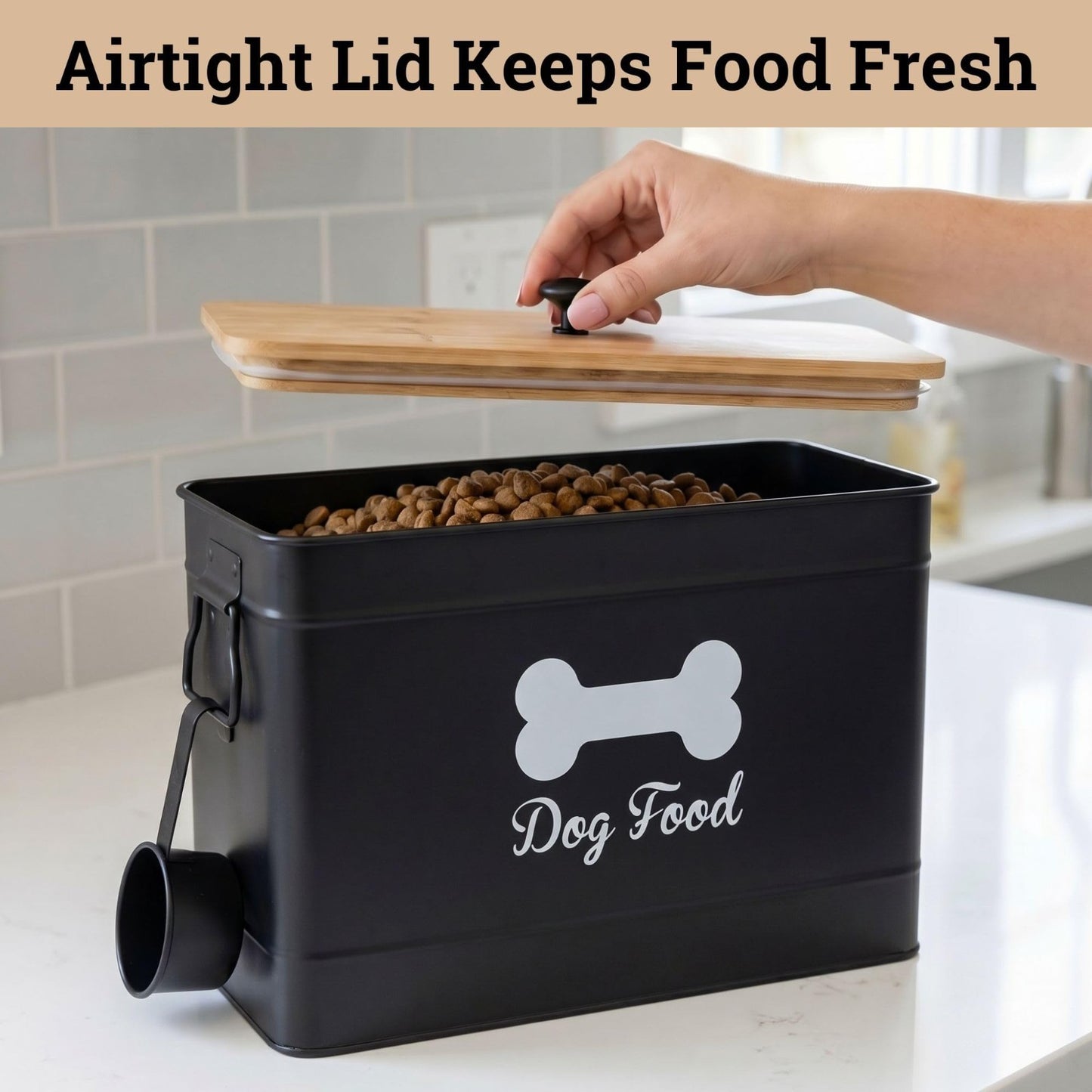 Airtight Metal Dog Food Storage Container, 15 20 lbs, 70 Cup Capacity, Bamboo Li4