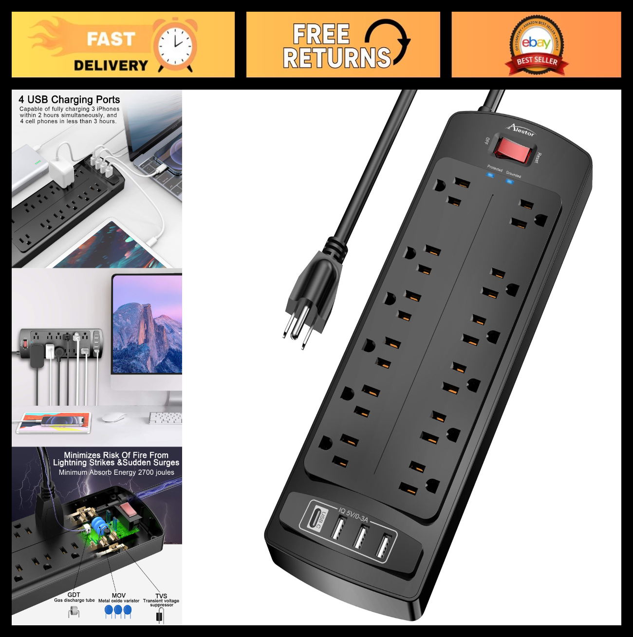 10ft Power Strip Surge Protector, 12 Outlets & 4 USB Ports, 2700J, Home/Office U0