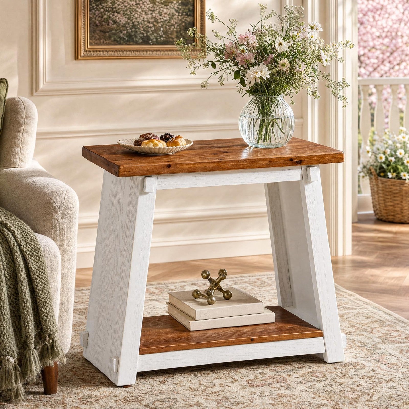 Set of 2 Solid Wood End Tables - 2 Tier Rectangle Side Tables with Shelf, Rustic7