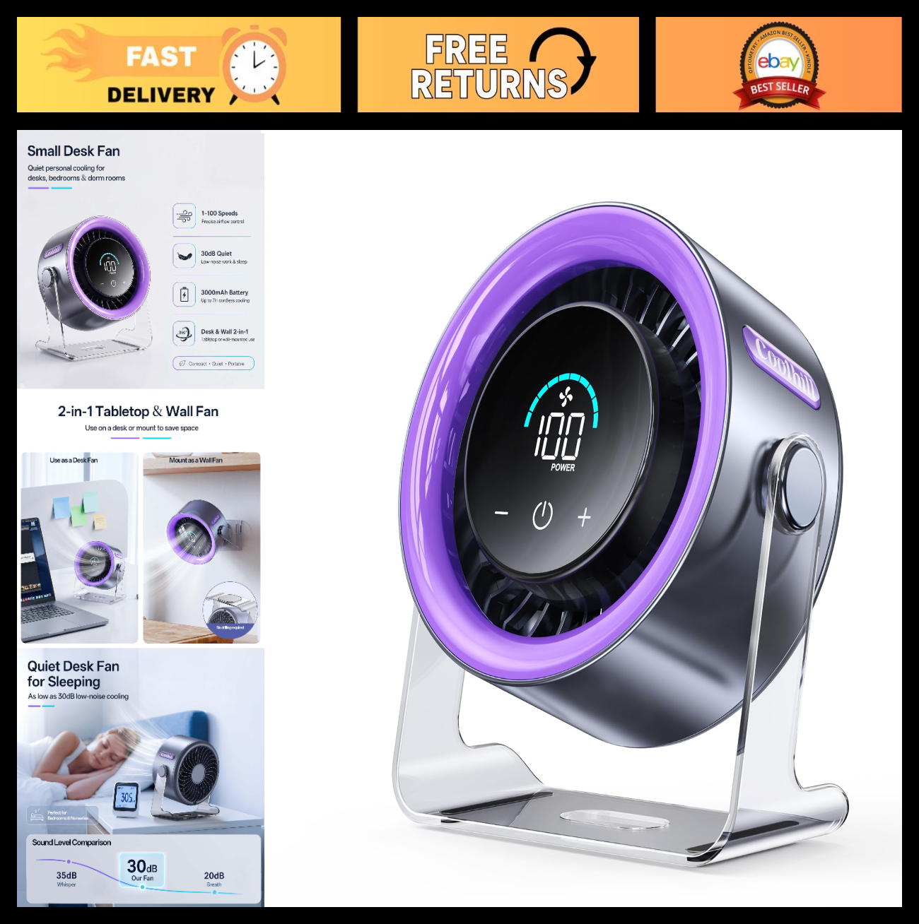 Quiet Portable USB Desk Fan   100 Speeds, Turbo Airflow, 120° Rotation, Recharge0