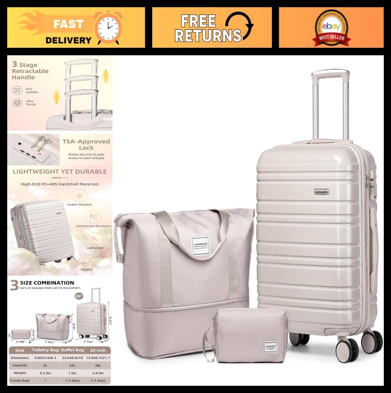 3-Piece Carry-On Luggage Set, 20" Hardshell Suitcase, Lightweight, TSA Lock, Duf0