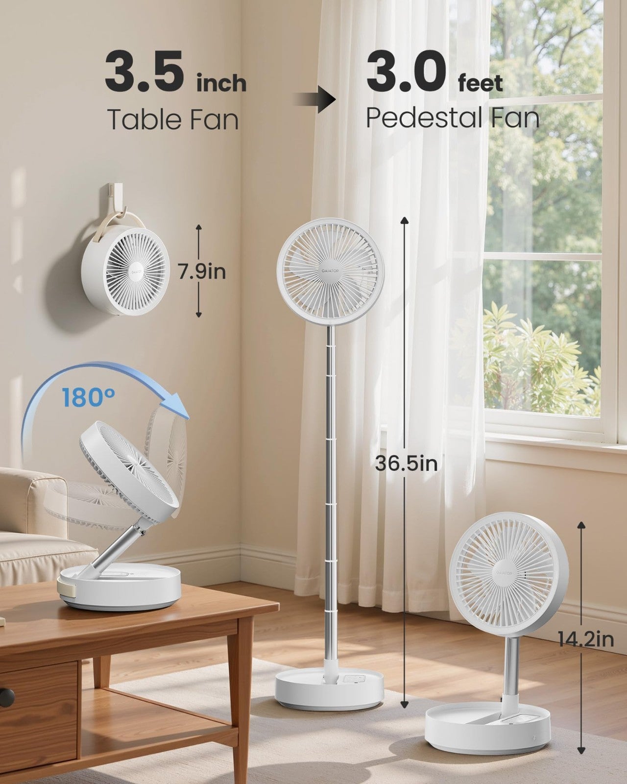 Portable Battery Powered Pedestal Fan, 16000mAh, 74h Runtime, Oscillating, Folda6