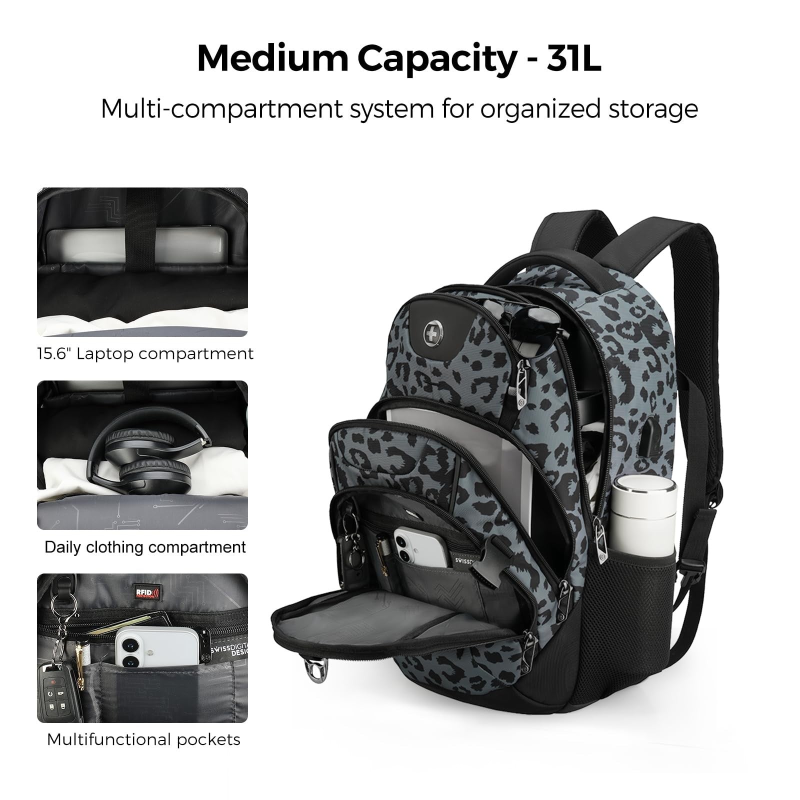 Stylish Gray Leopard Laptop Backpack with USB Charging Port & Water Resistant De3
