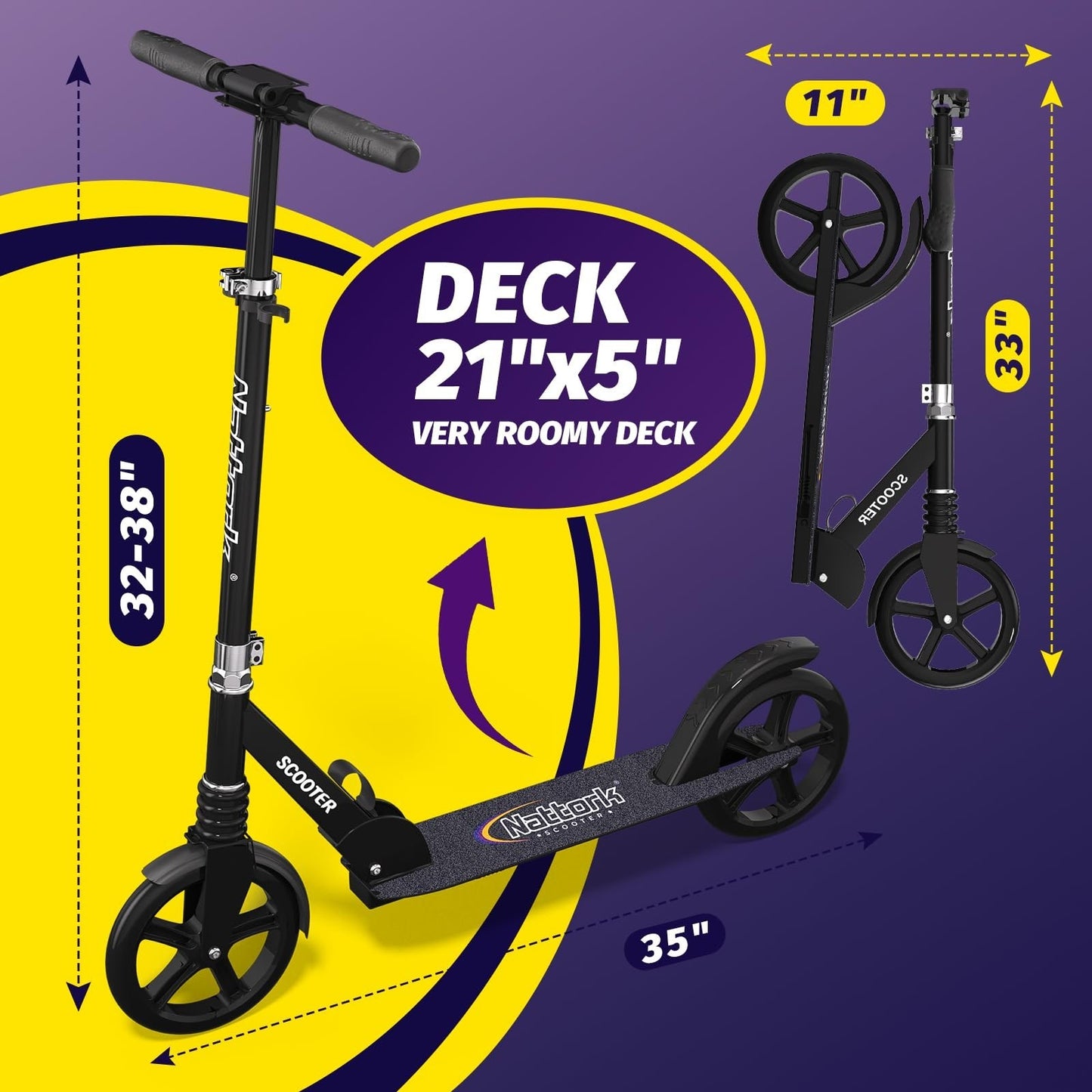 Adjustable Height Kick Scooter for Kids & Teens, 240 LBS Max Load, Foldable, 8"6