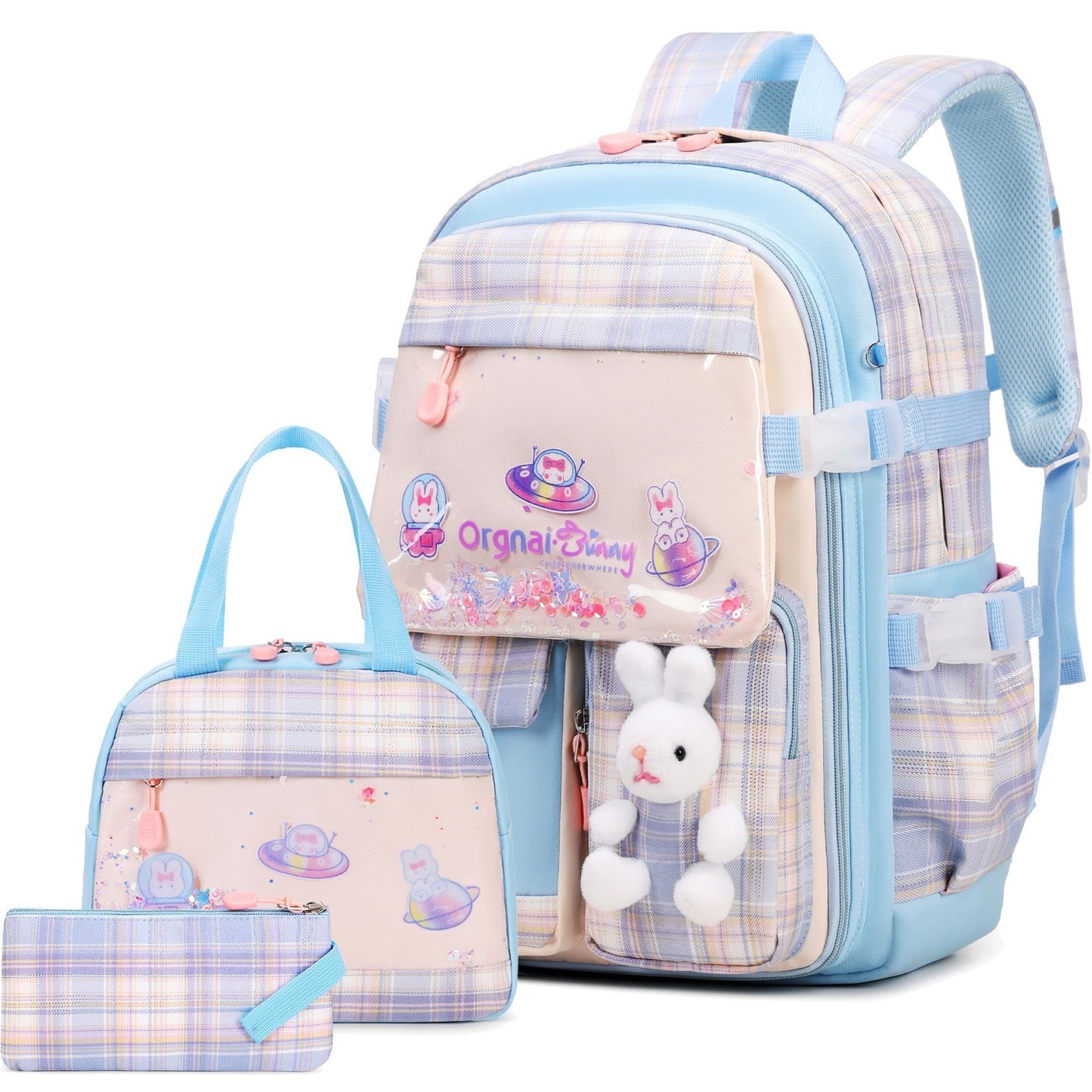 Kawaii Bunny Girls Backpack Set   3PCS School Bag with Lunch Box & Pencil Case,0