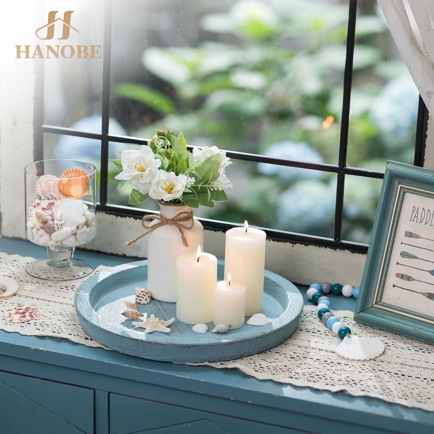 Coastal Farmhouse Decorative Tray - Round Wooden Ocean Style Centerpiece for Bea4