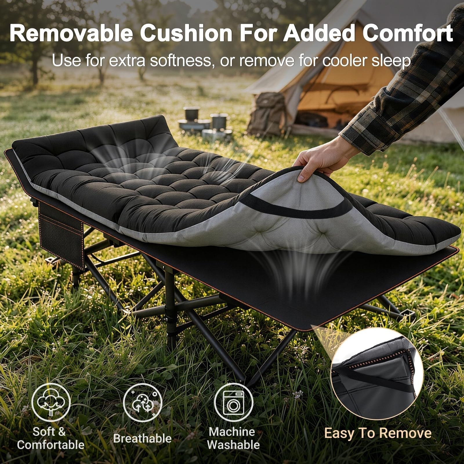 Extra Wide Camping Cot for Adults, Heavy Duty Portable Folding Bed with Mat & Ca3