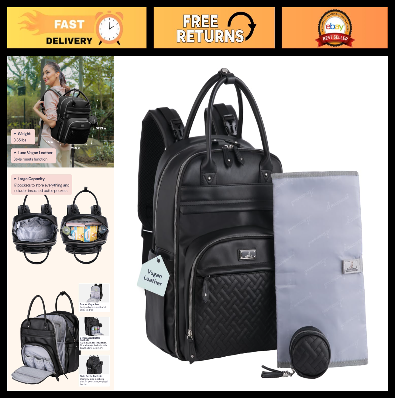 Stylish Leather Diaper Bag Backpack   Multi Function Baby Travel Bag with Changi0
