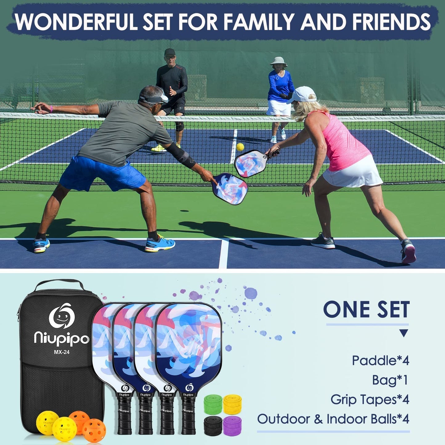 Pickleball Paddle Set of 2 or 4 - USAPA Approved, Lightweight Fiberglass with Ba2