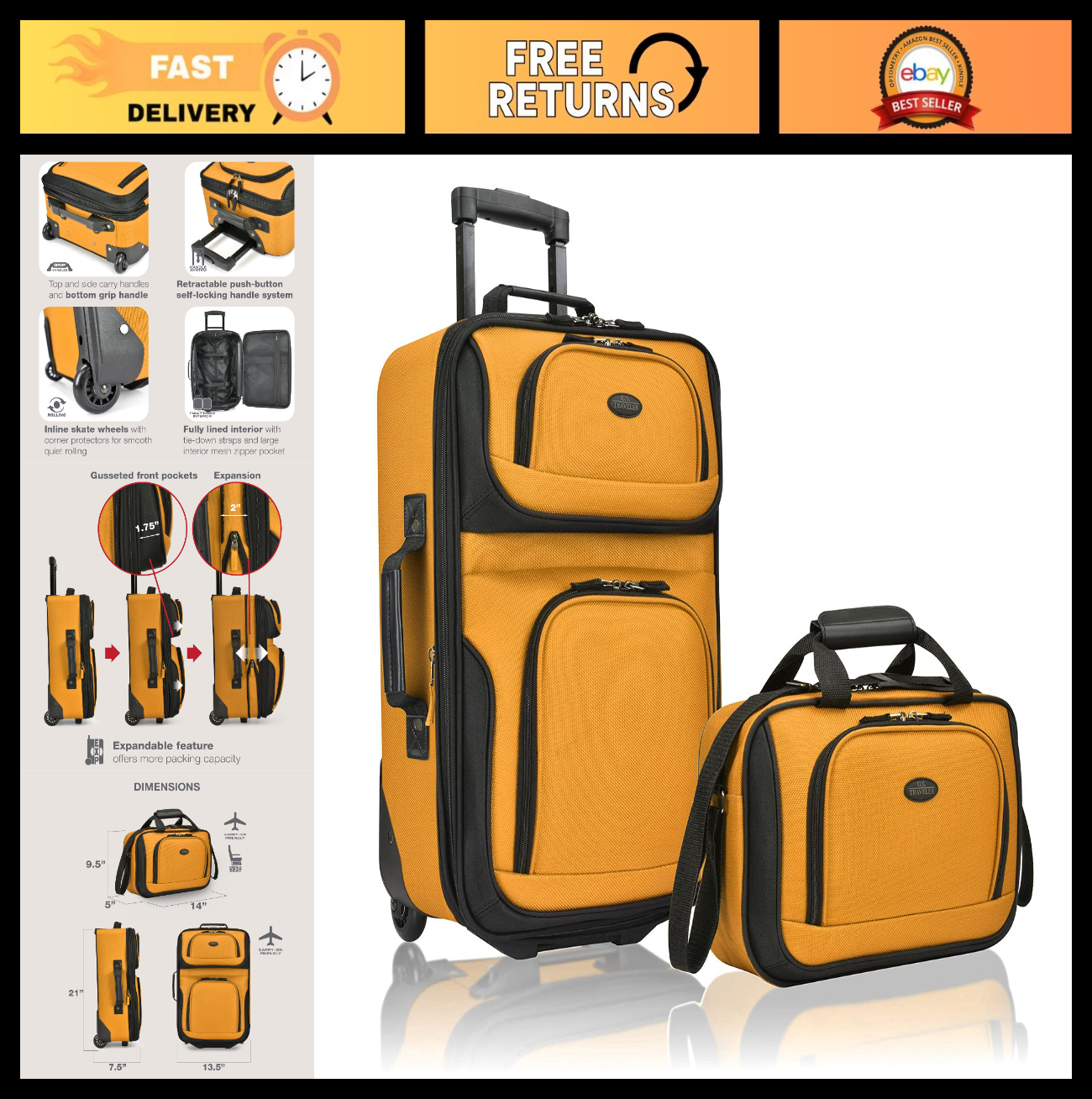 Lightweight Softside Rolling Carry-On Suitcase, 2-Wheel Travel Luggage Set, Oran0
